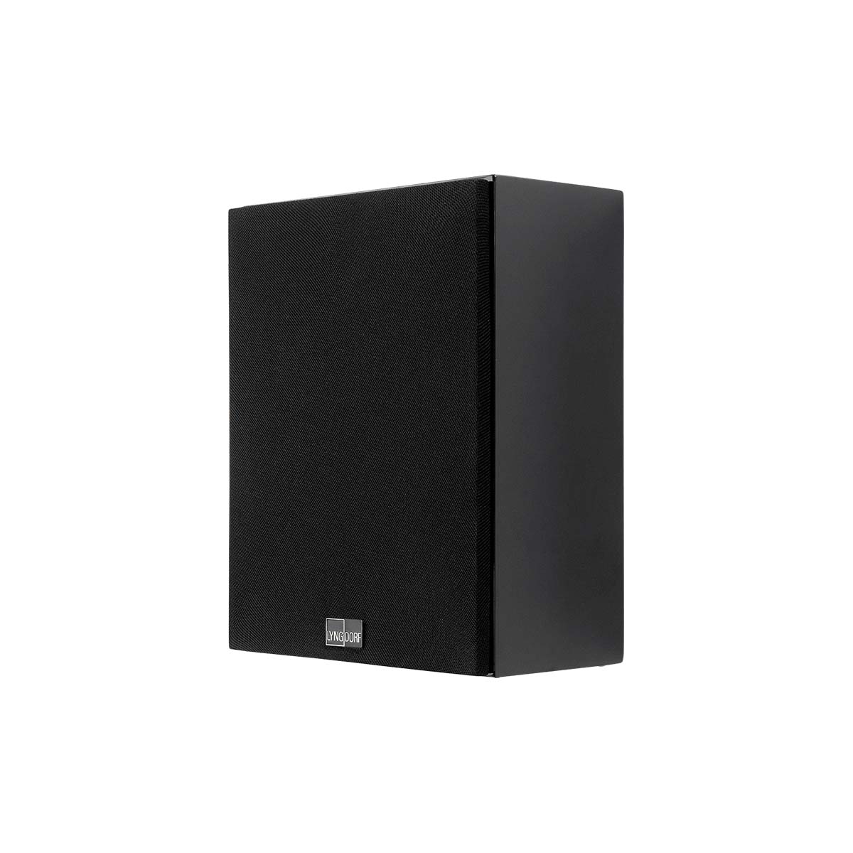 Lyngdorf MH-2 Satellite Speaker black speaker front view angled left with black grille