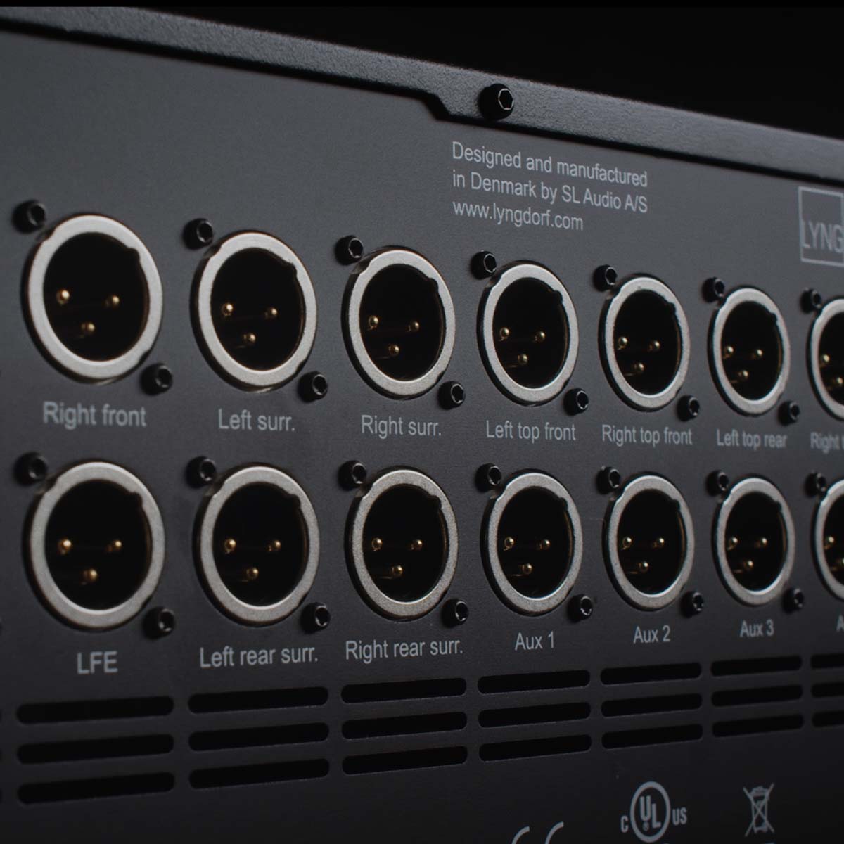 Lyngdorf MP-40 2.1 Immersive Surround Processor rear view detail of XLR inputs