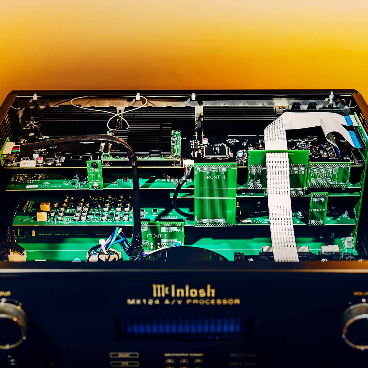 McIntosh MX124 A/V Processor editorial photo of unit with top chassis removed to show internal components
