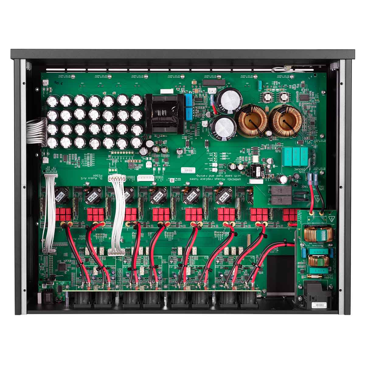 Lyngdorf MXA-8400 Eight-Channel Power Amplifier open top view showing internal components