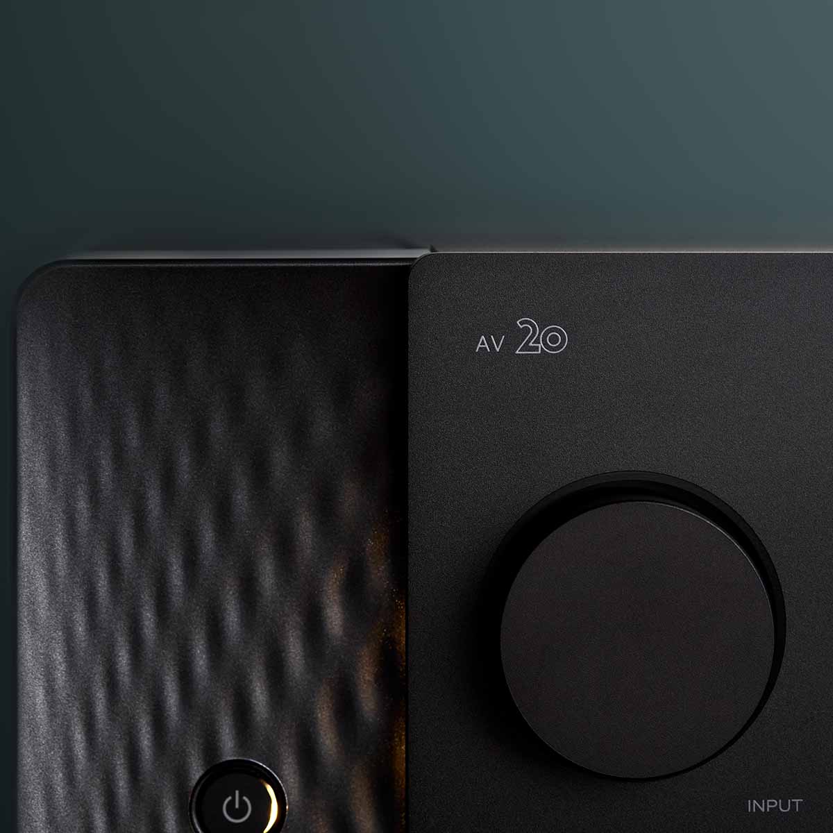 Marantz AV20 Home Theater Processor - detail of AV 20 logo, volume knob and power button