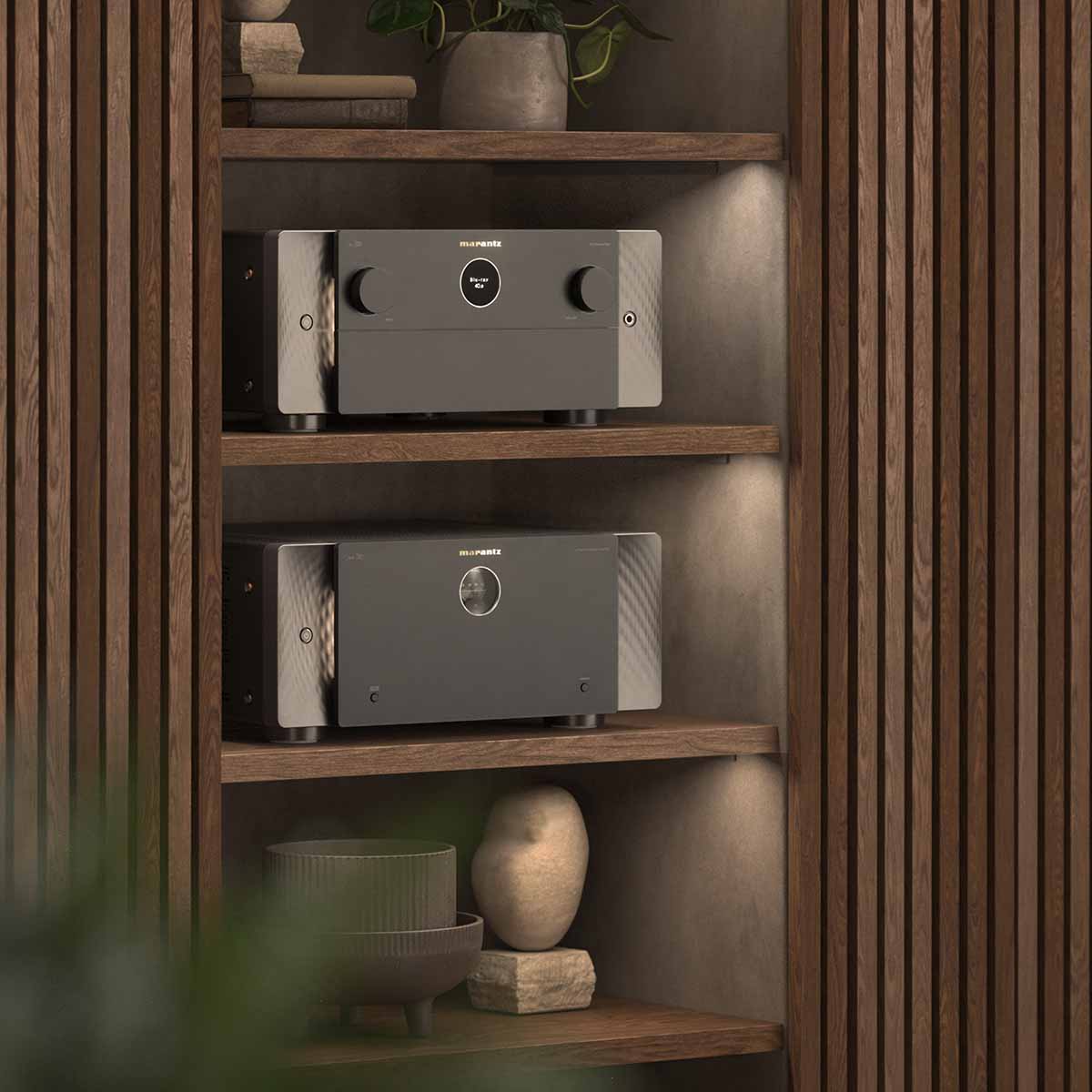 Marantz AMP20 Power Amplifier Marantz AV 20 Home Theater Processor - lifestyle of AMP 20 and AV 20 on shelves