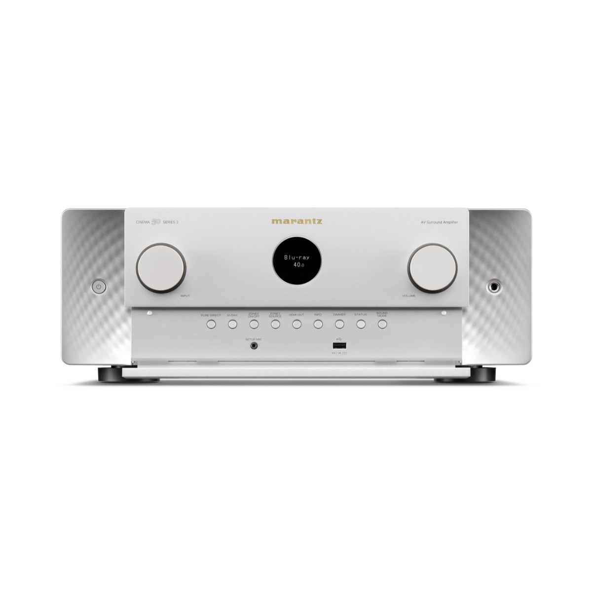 A silver Marantz Cinema 50 Series 2 AV Receiver with a textured front panel, two large white volume knobs, a central black display screen, and a row of small control buttons below, shown against a plain white background.