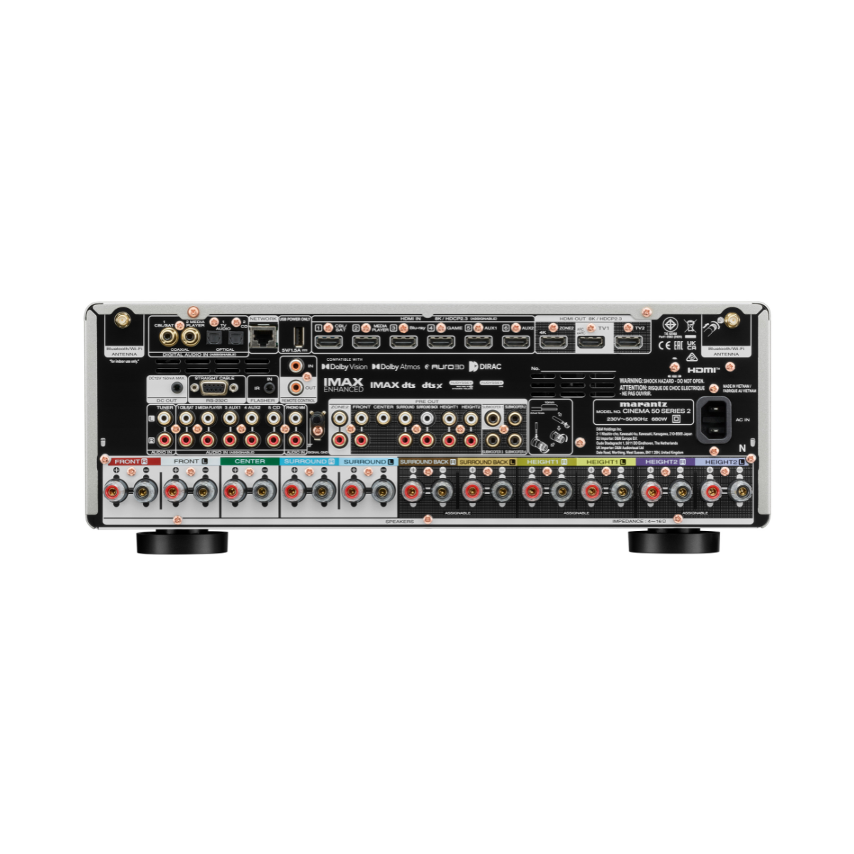 Marantz Cinema 50 Series 2 AV Receiver rear panel showing various audio and video input/output ports on a white background.