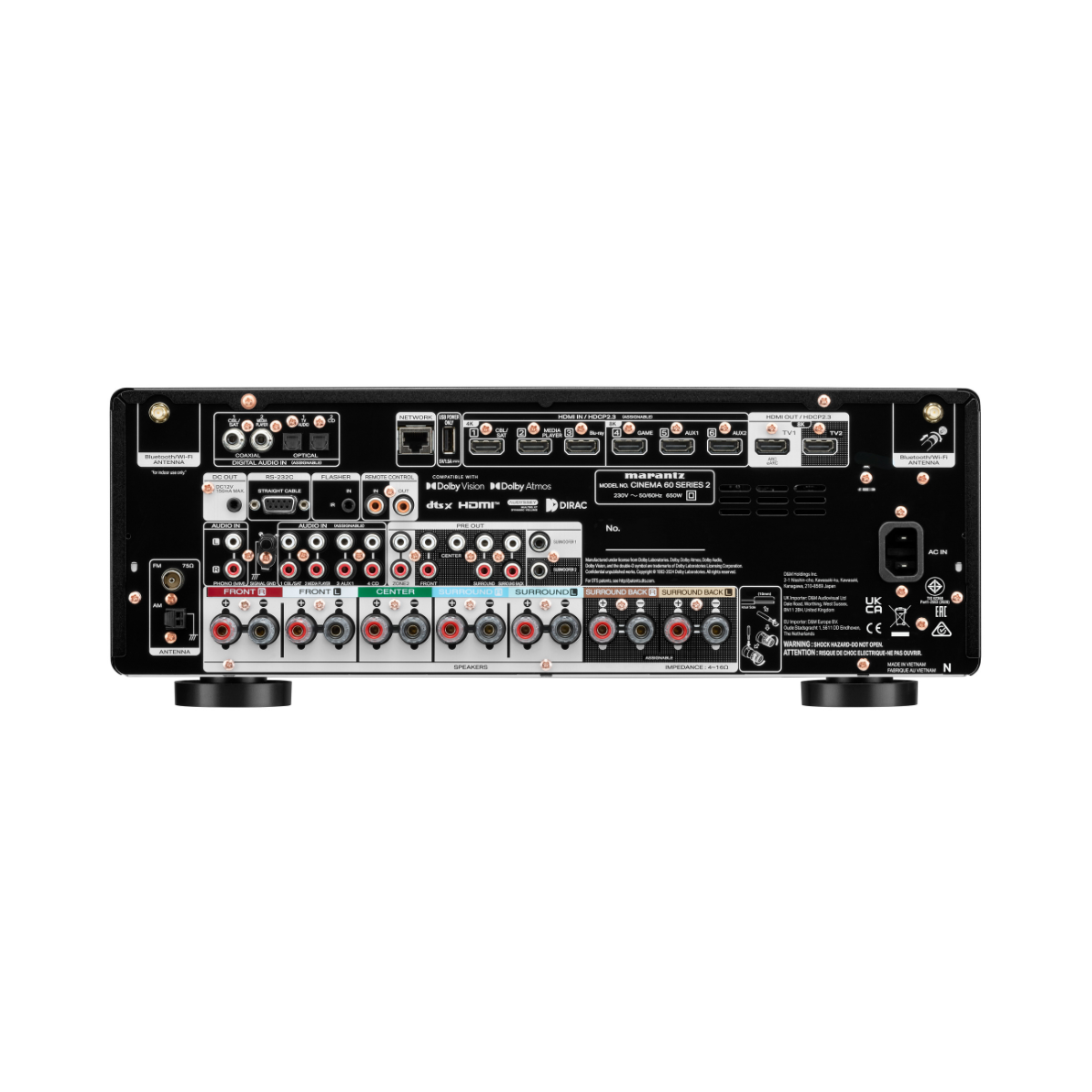 Rear panel view of a black audio receiver or amplifier with multiple input and output jacks, ports, and labels on a plain white background.