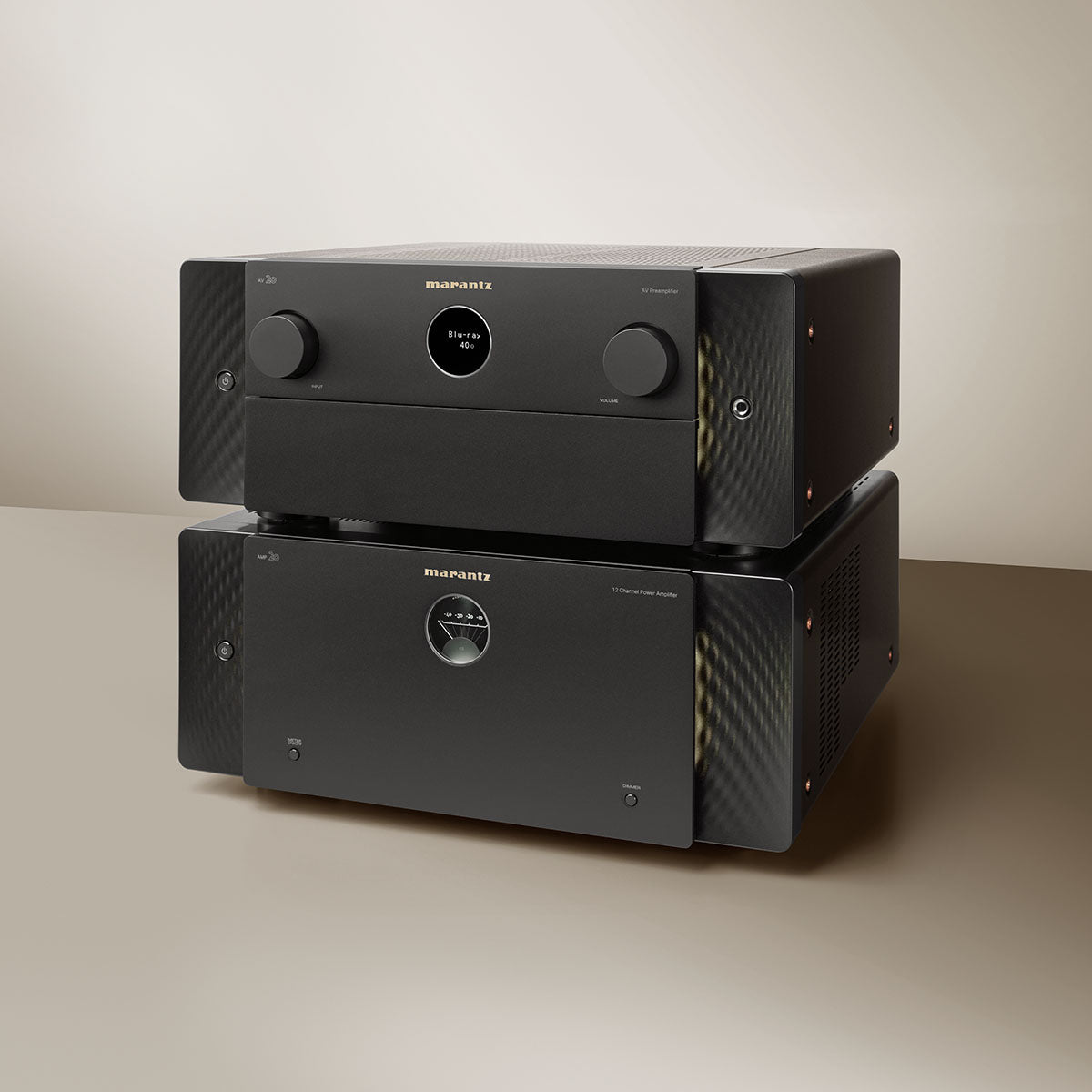 Marantz AMP20 Power Amplifier and Marantz AV 20 Home Theater Processor - front view angled left with AV20 stacked on top