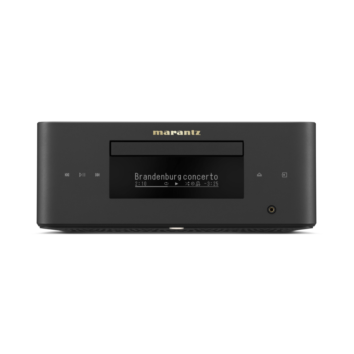 A Marantz receiver or audio device with a black front panel, gold Marantz logo, and a central display screen showing 'Brandenburg concerto', photographed on a clean white background.