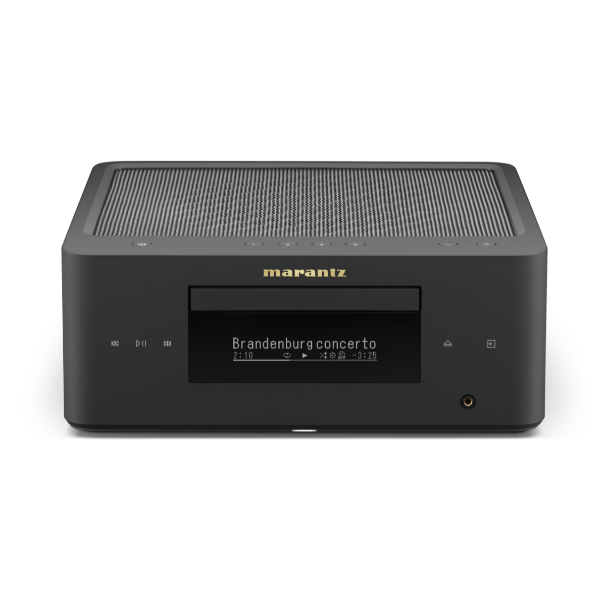 A Marantz MCR 60n Network Audio Player - Black with a black textured top grille, a central digital display screen showing 'Brandenburg concerto', and gold Marantz branding on the front, set against a plain white background.