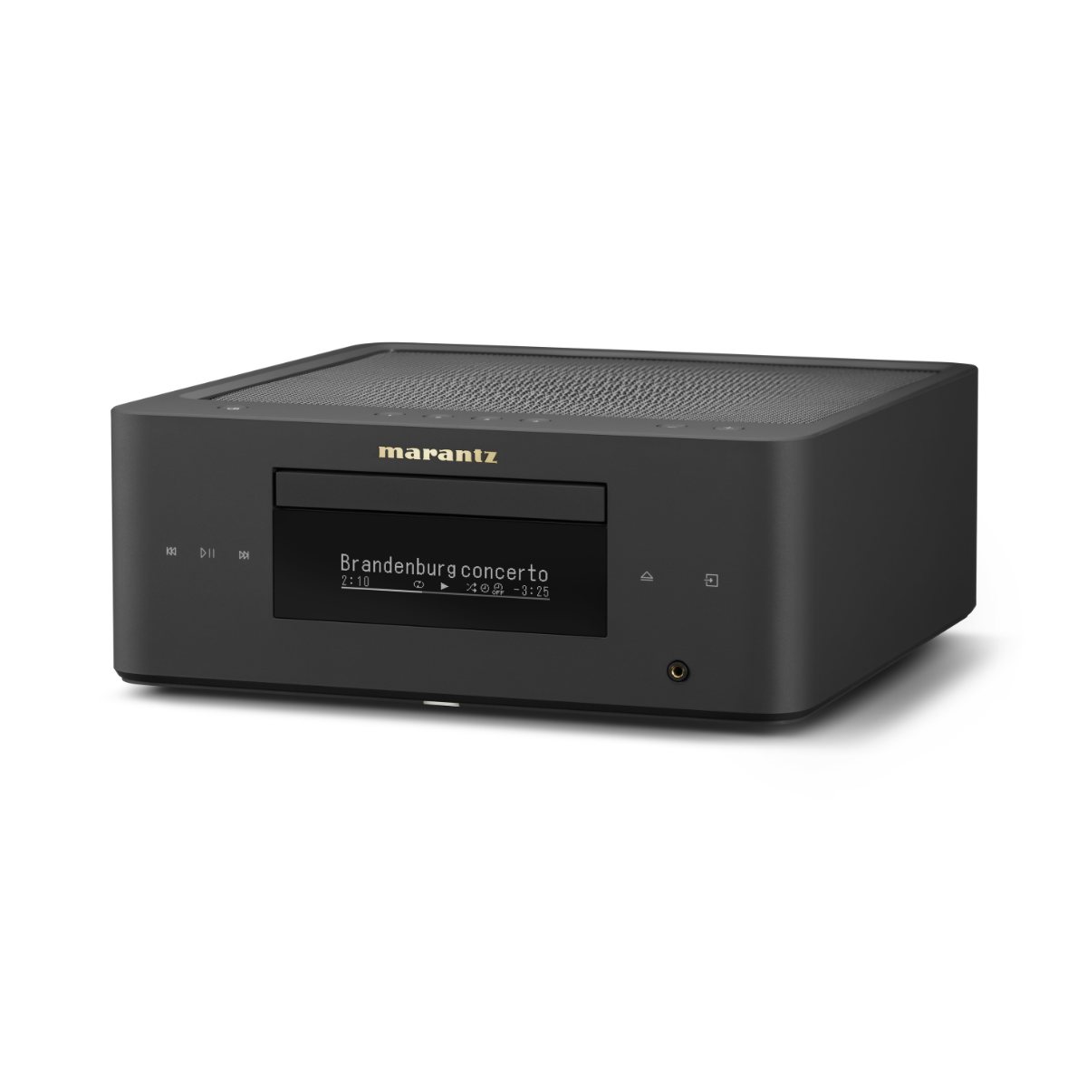 A Marantz MCR 60n Network Audio Player - Black, featuring a digital display screen showing 'Brandenburg concert to' and gold brand lettering on the front, set against a plain white background.