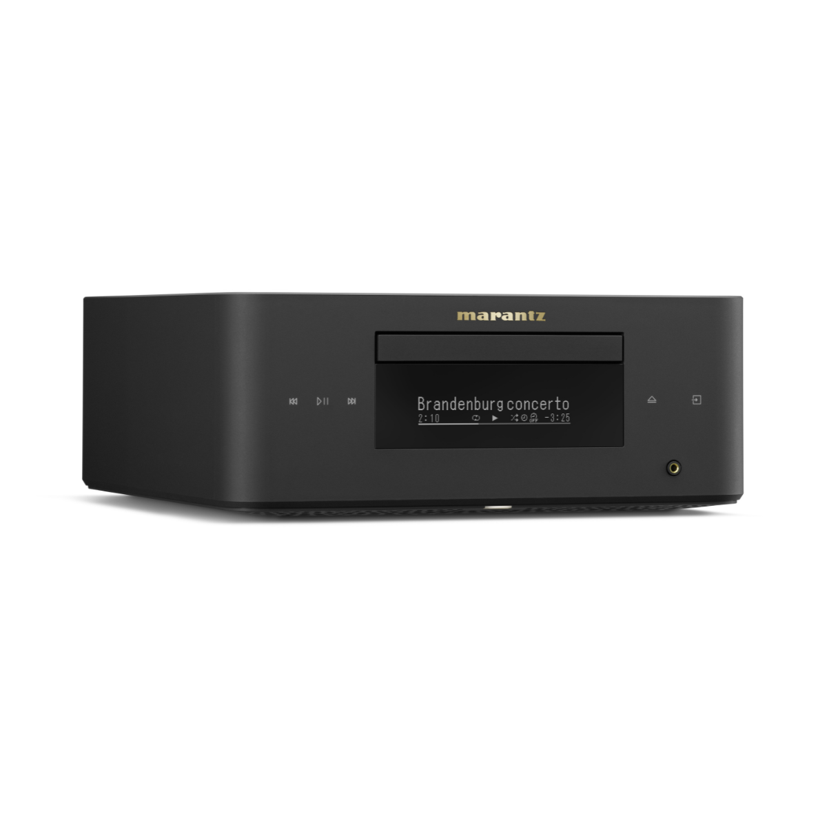 A black Marantz audio receiver or amplifier with a digital display screen showing 'Brandenburg concerto', set against a plain white background.