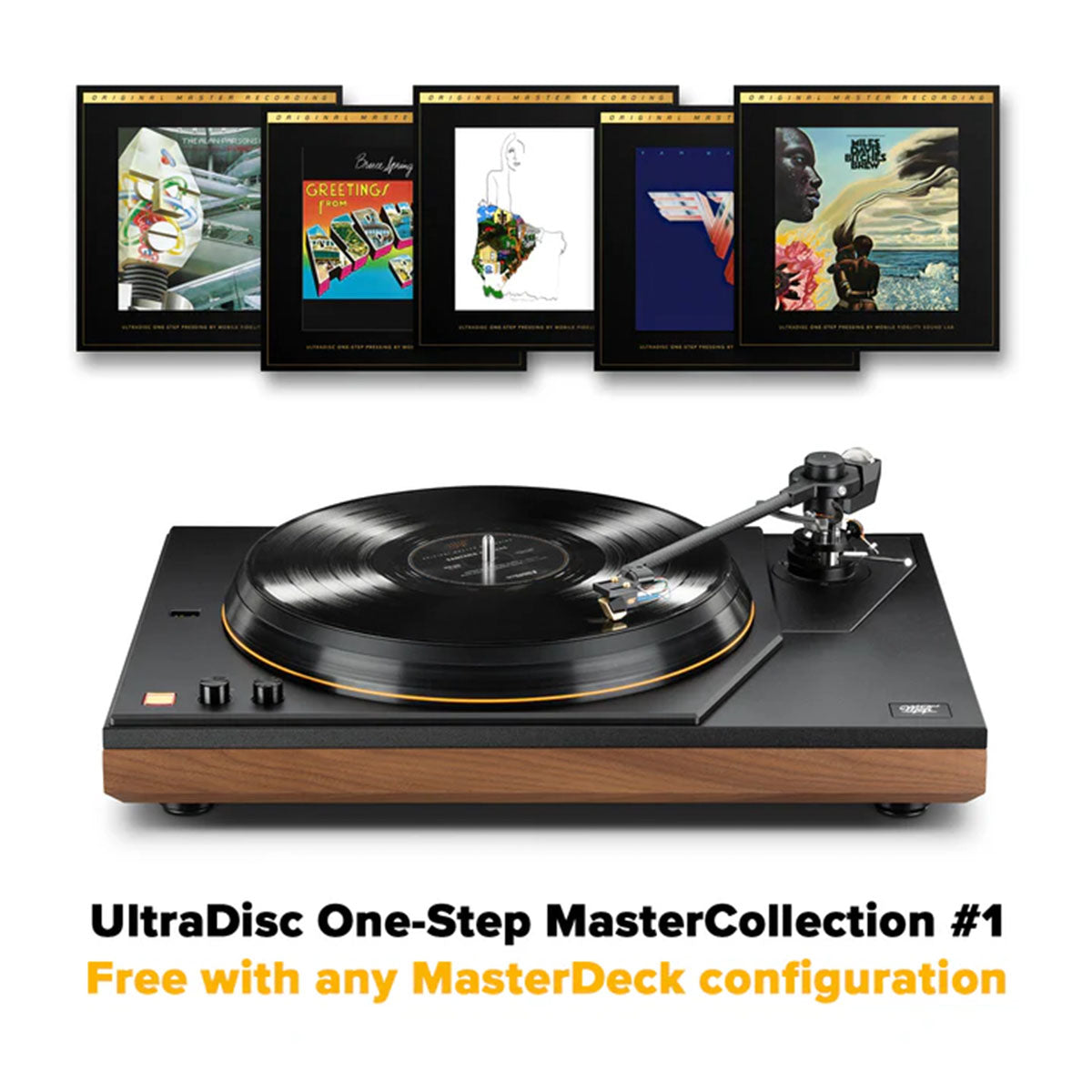 MoFi MasterDeck Turntable - walnut front view with featured UltraDisc One-Step MasterCollection #1