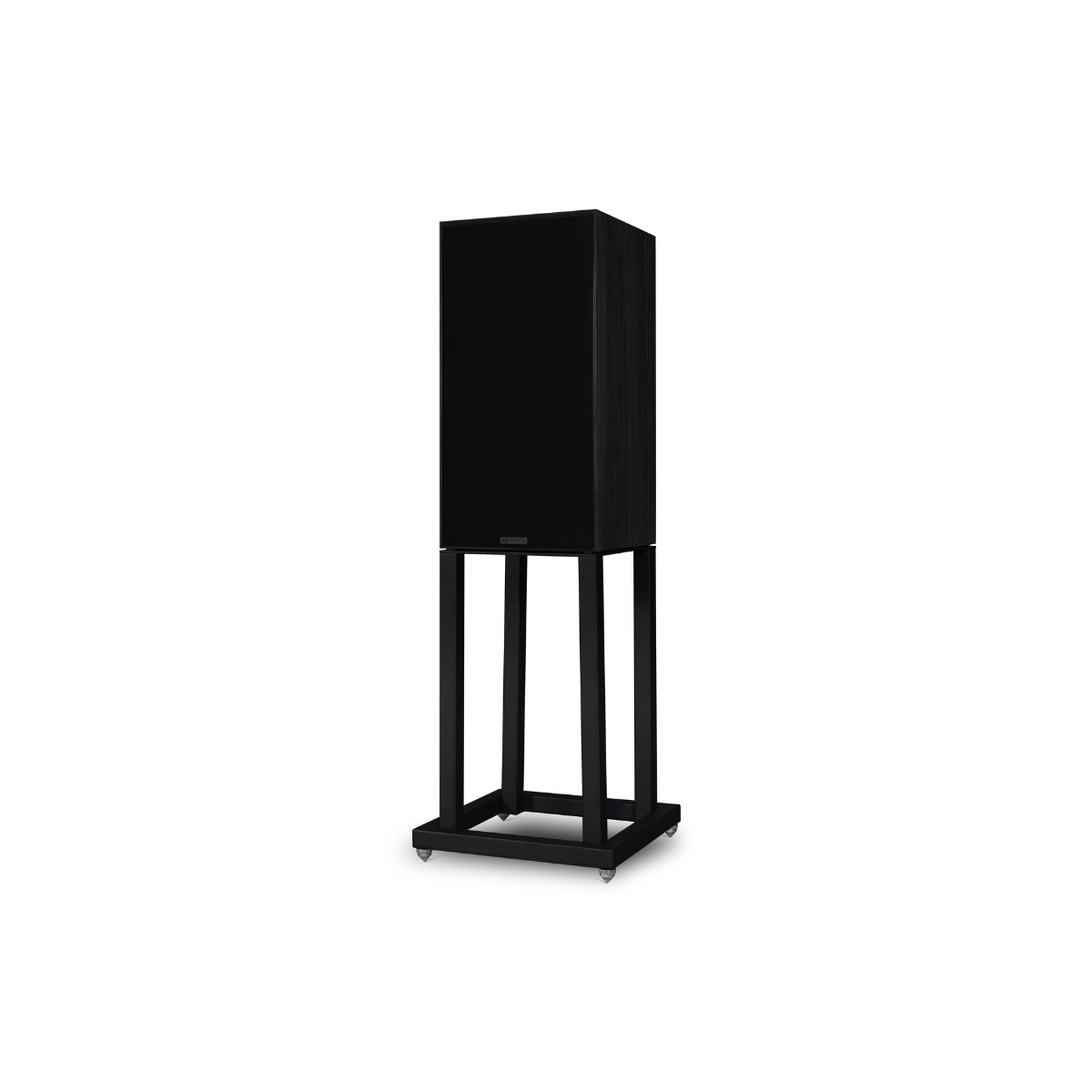 A black Mission 700 Bookshelf Speaker on a matching black metal stand, shown against a plain white background.