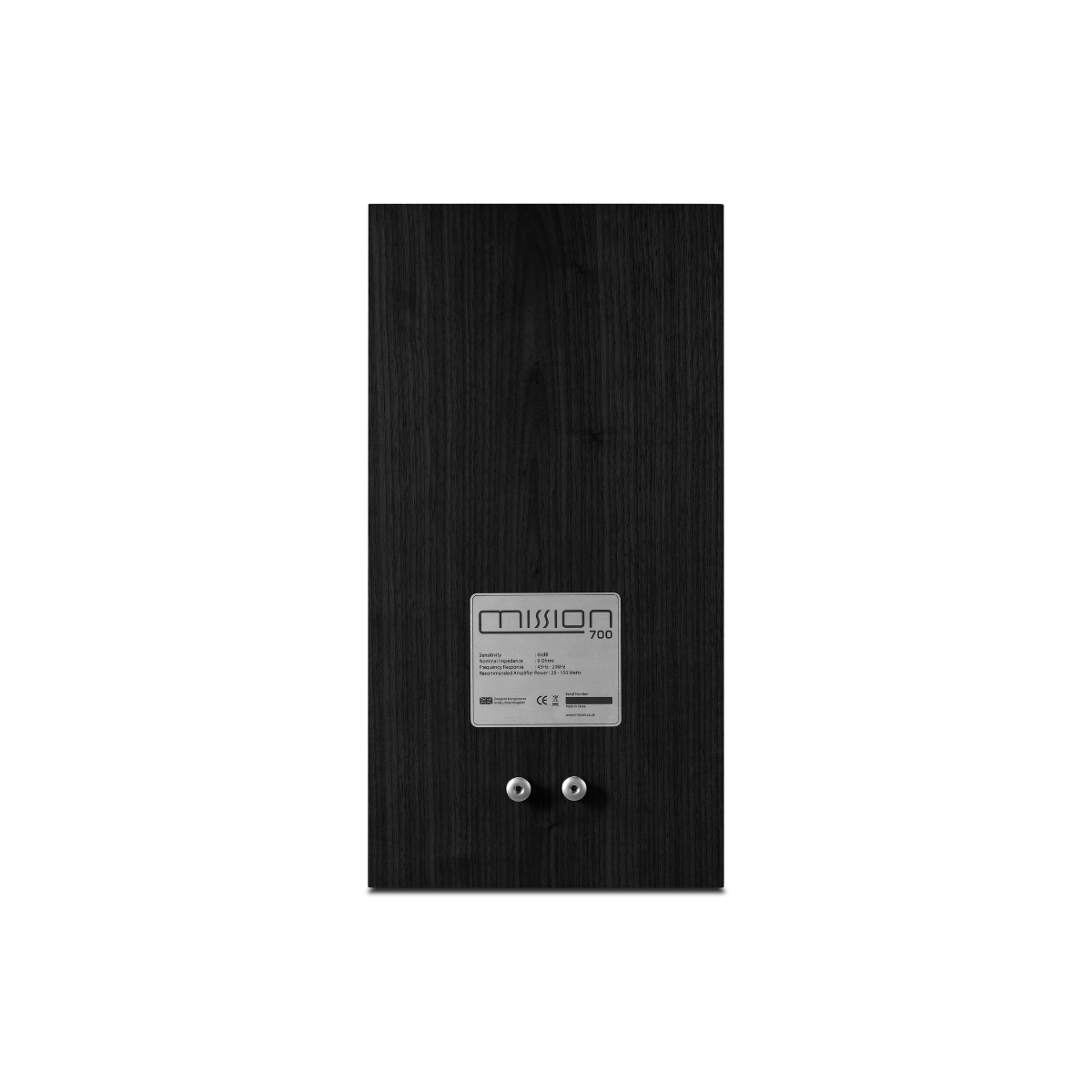 A black wood-grain Mission 700 Bookshelf Speaker shown from the rear against a plain white background, featuring a silver metal label with the 'mion' brand name and two terminal screws at the bottom.