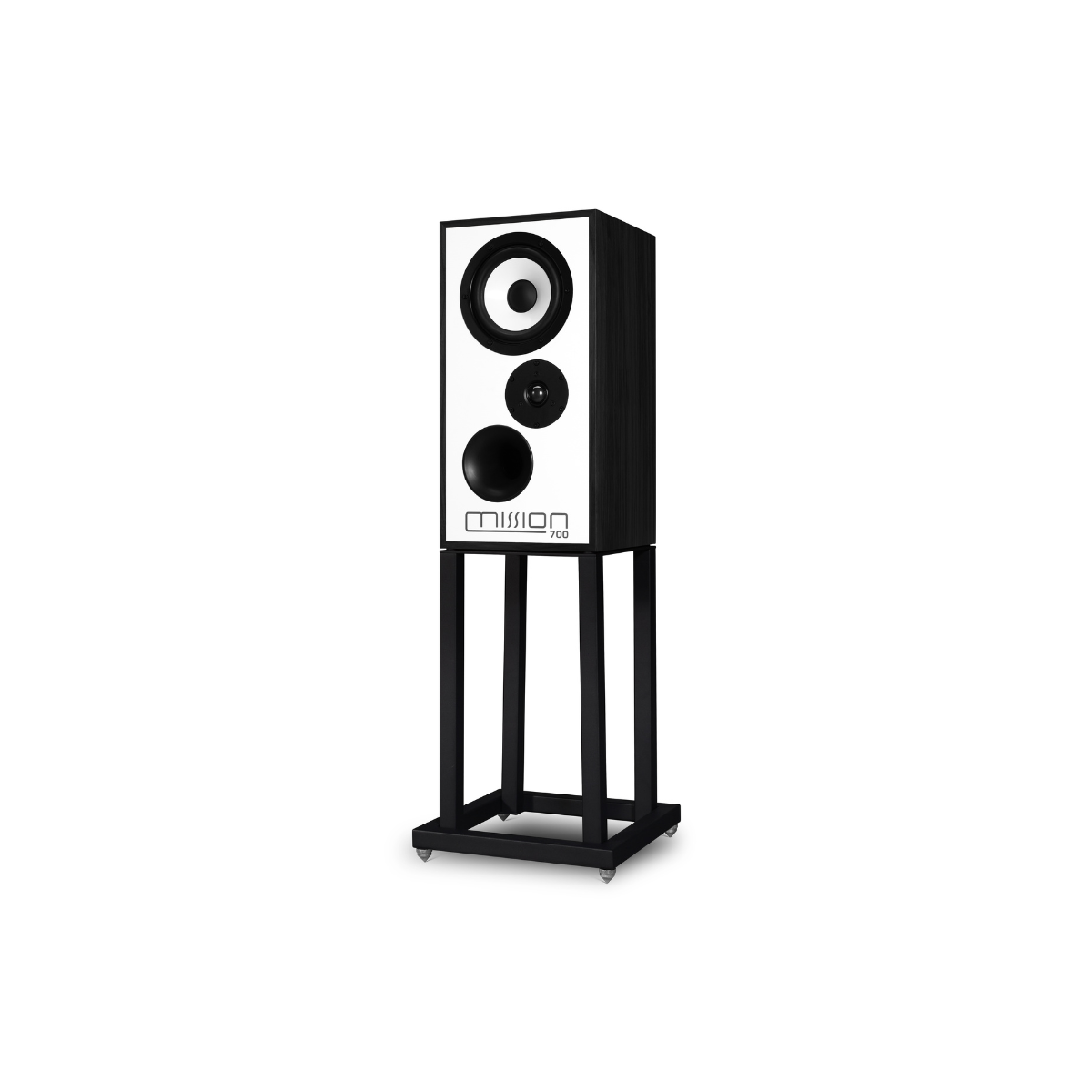 A Mission 700 Bookshelf Speaker on a matching black metal stand, shown against a plain white background.