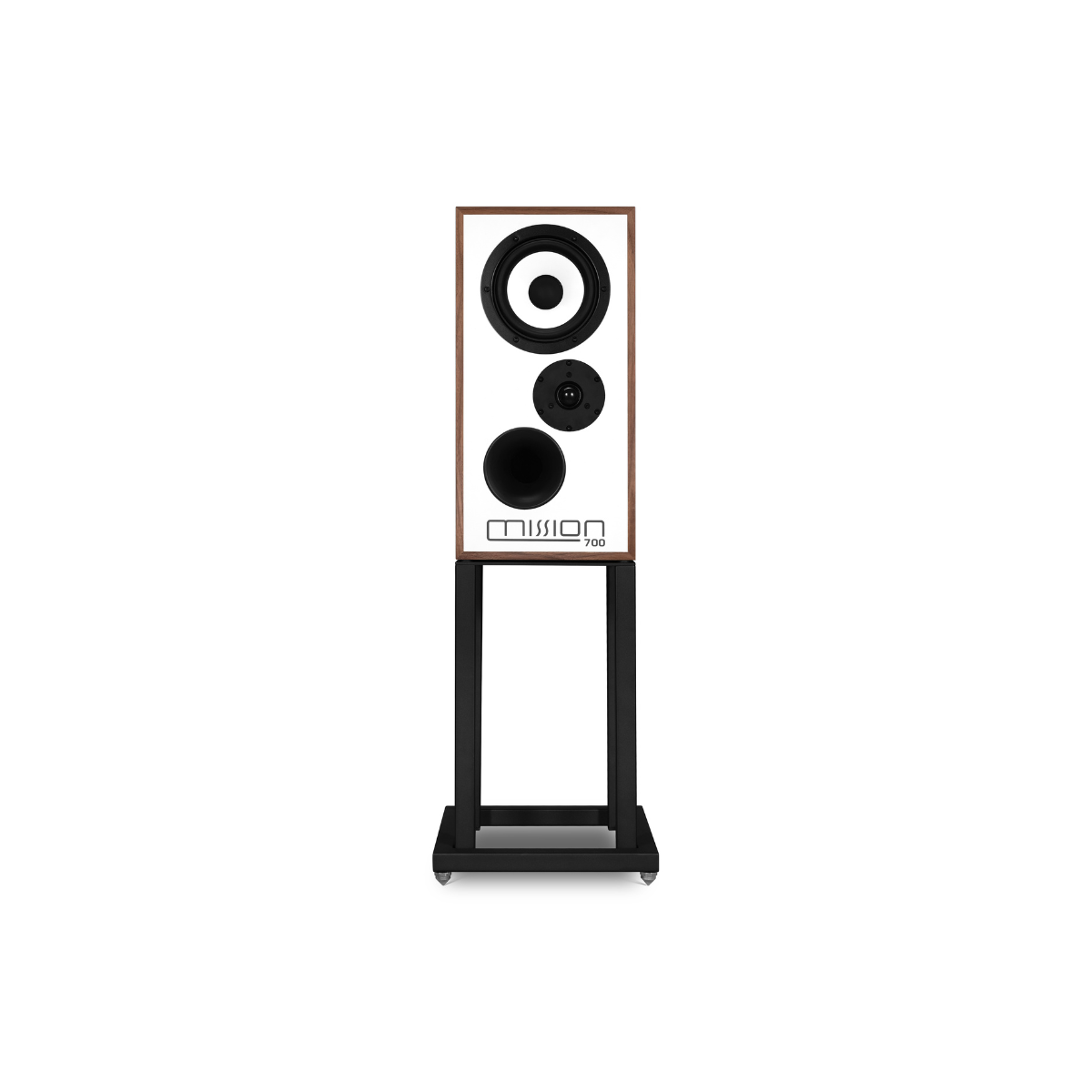 A single Mission 700 Bookshelf Speaker on a black metal stand, shown against a solid white background.