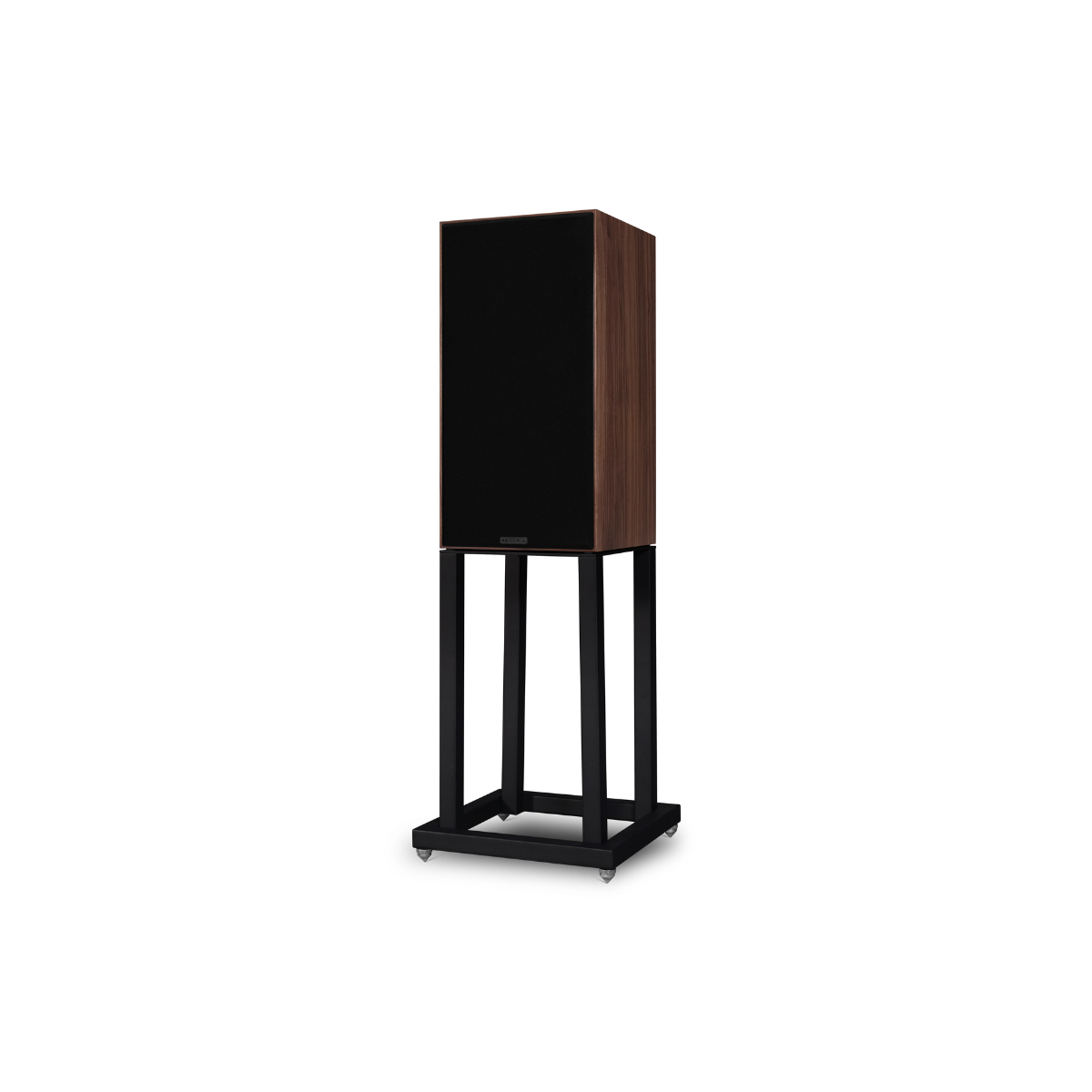 A Mission 700 Bookshelf Speaker on a black metal stand, featuring a dark brown wood-grain side panel and a black front grille, set against a plain white background.