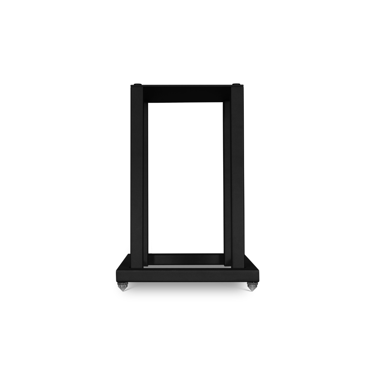 A black metal Mission 700 Bookshelf Speaker Stand with a rectangular open center and small caster wheels at the base, shown against a plain white background.