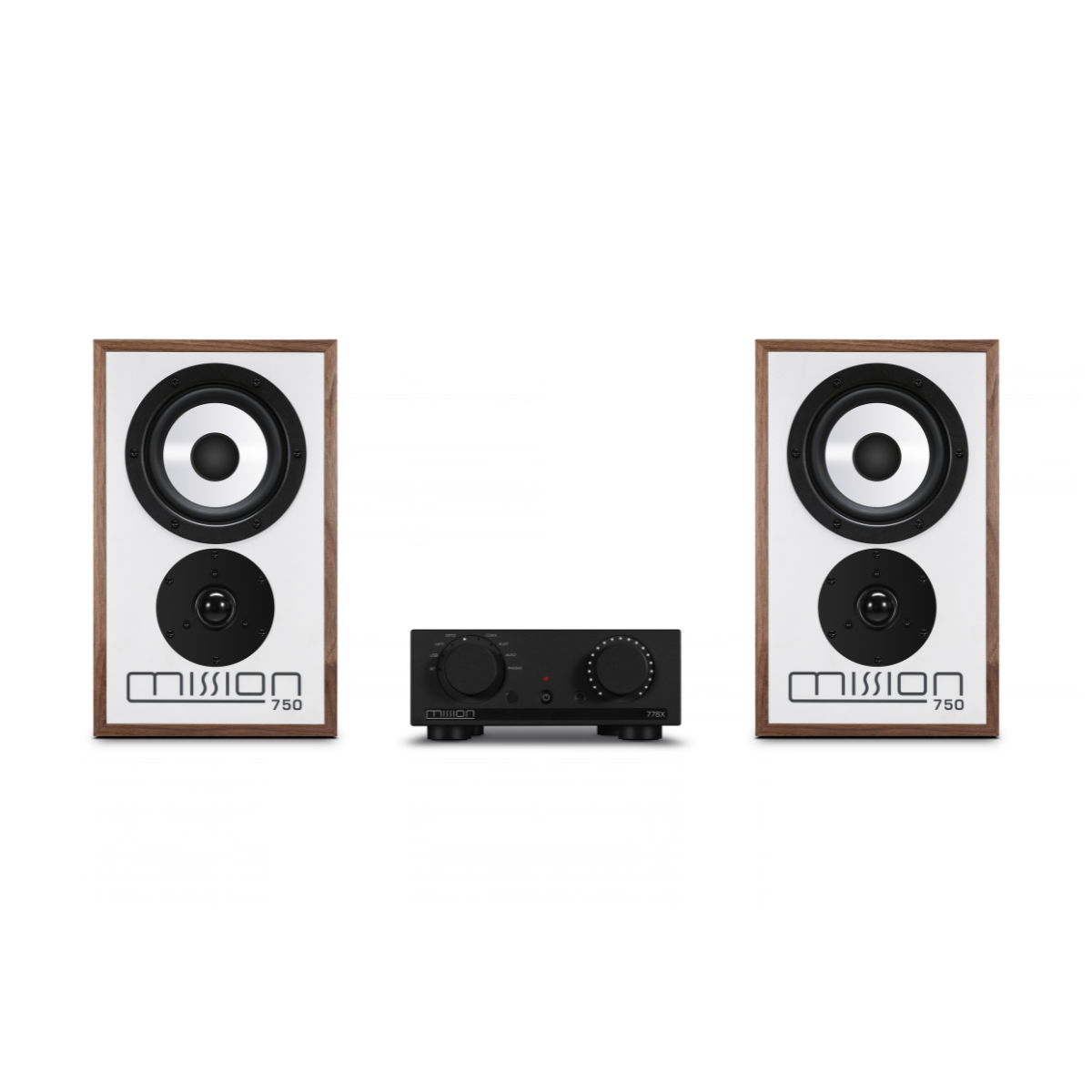 A pair of Mission 750 bookshelf speakers with white front panels and brown wood-grain frames, paired with a black Mission 750 receiver in the center, on a solid white background.