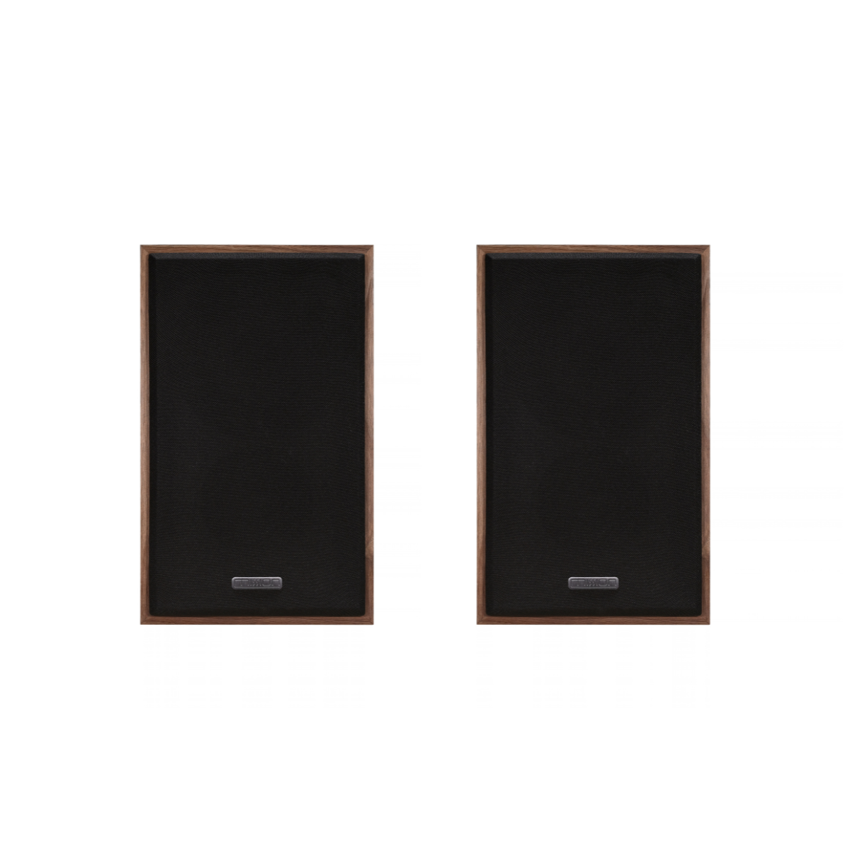 Two matching black rectangular speakers with dark brown wood-grain frames, shown side by side on a plain white background.