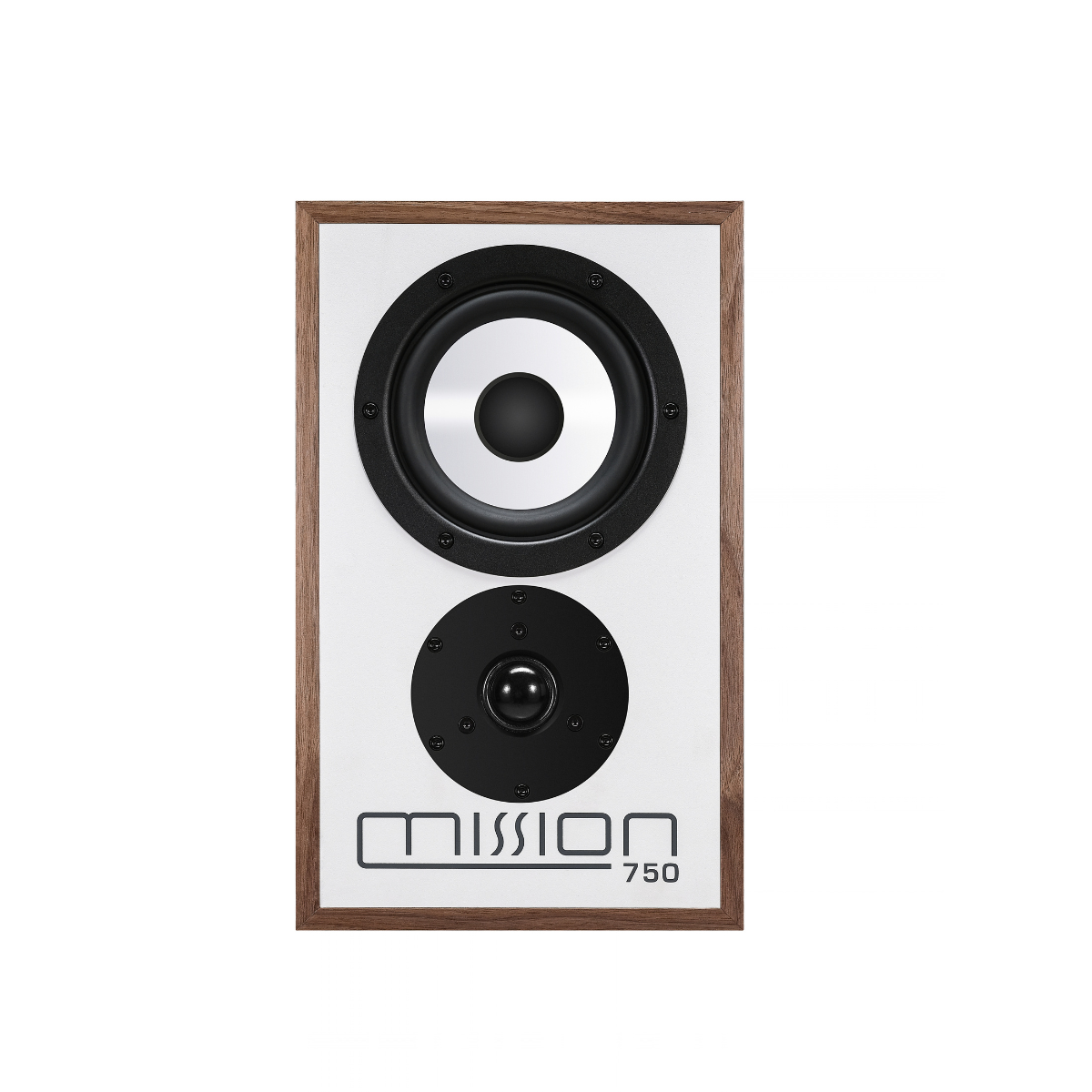 A Mission 750 bookshelf speaker with a white front panel, two black drivers, and a brown wood-grain frame, shown against a plain white background.