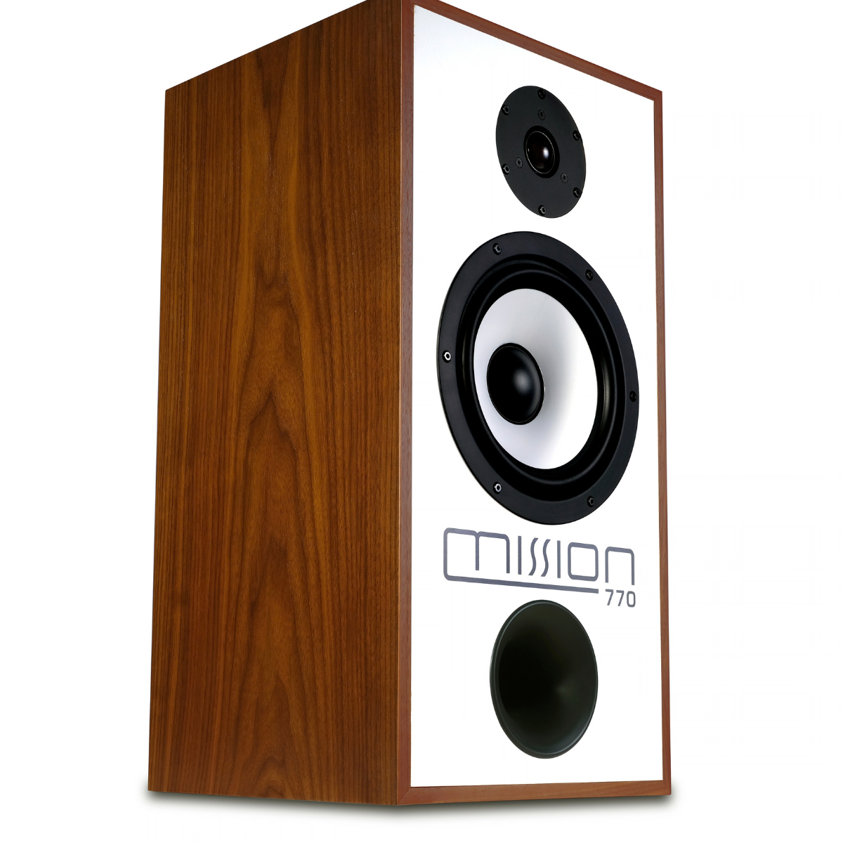 A Mission 770 bookshelf speaker with a white front panel, black and silver drivers, and a brown wood-grain side cabinet, shown on a white background.