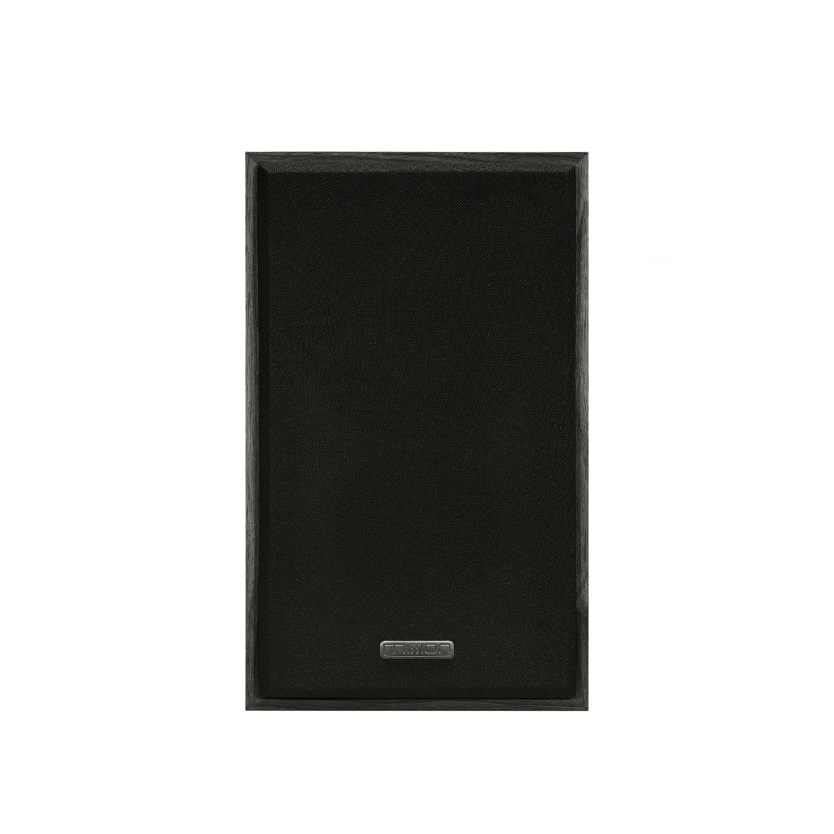 A black rectangular Mission 750 Bookshelf Speaker with a textured grille and a small silver metal brand badge near the bottom center, isolated on a white background.