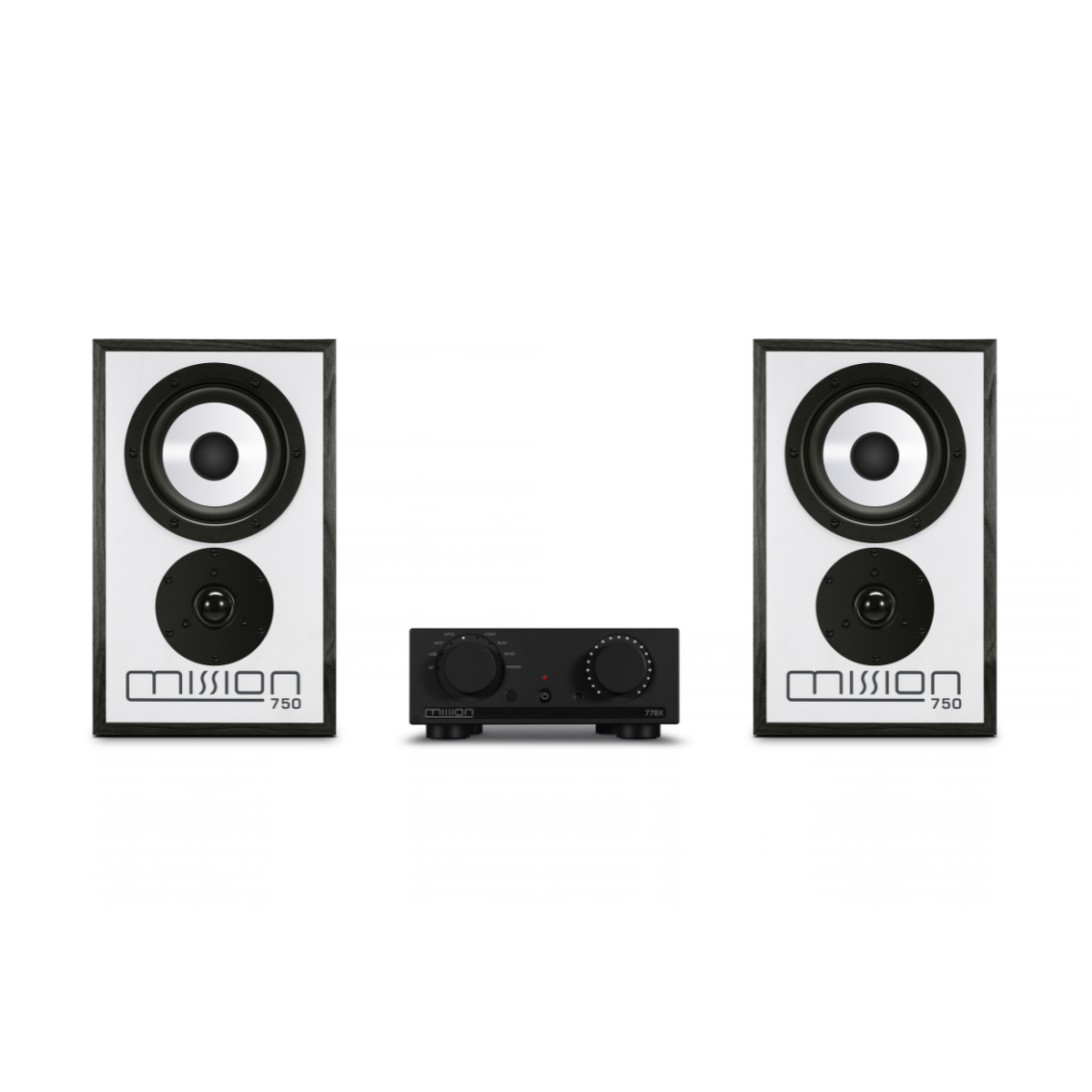 A Mission 750 audio system featuring two white speakers with black frames and a central black receiver, shown against a plain white background.