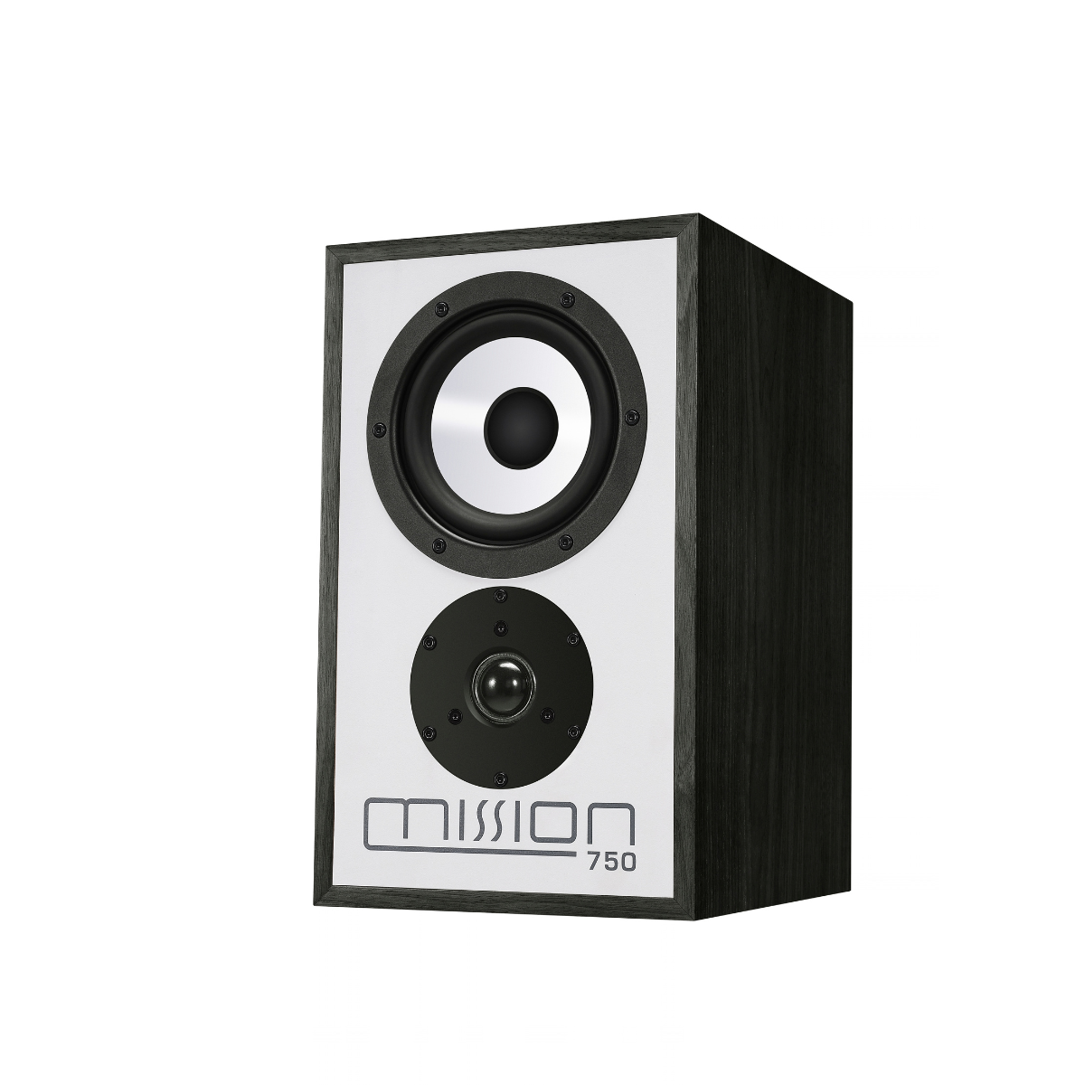 A Mission 750 bookshelf speaker with a black wood-grain cabinet, white front baffle, and black speaker cones, shown on a plain white background.