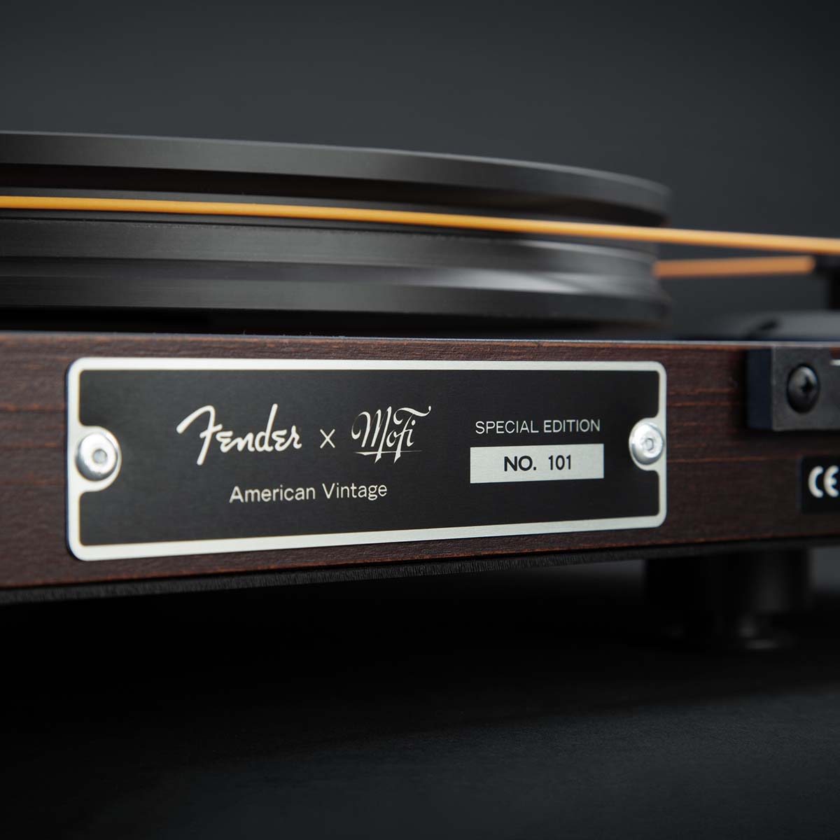 MoFi Electronics x Fender American Vintage Turntable detail of back panel serial number panel