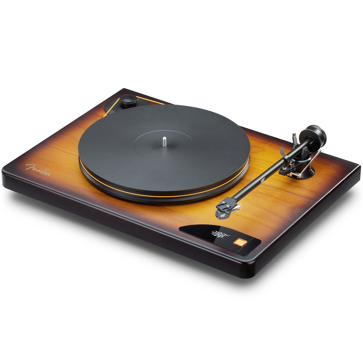 MoFi Electronics x Fender American Vintage Turntable front view angled down and left without record on platter and tonearm disengaged