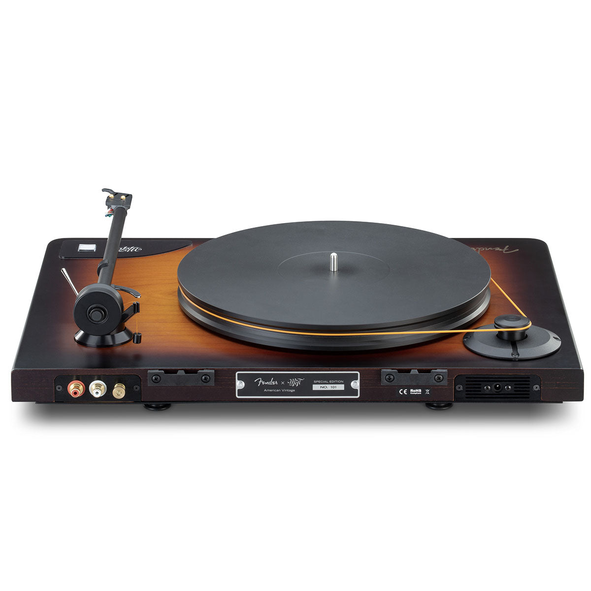 MoFi Electronics x Fender American Vintage Turntable rear view angled down without record on platter and tonearm disengaged