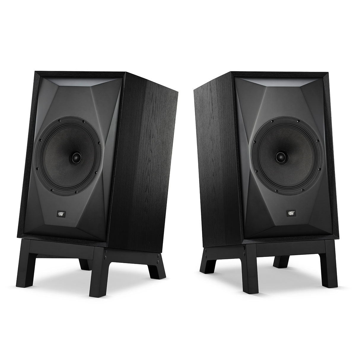 MoFi Electronics Low Slung Stands for SourcePoint 10 - pair - angled front views with SourcePoint 10 speakers in black (sold separately)