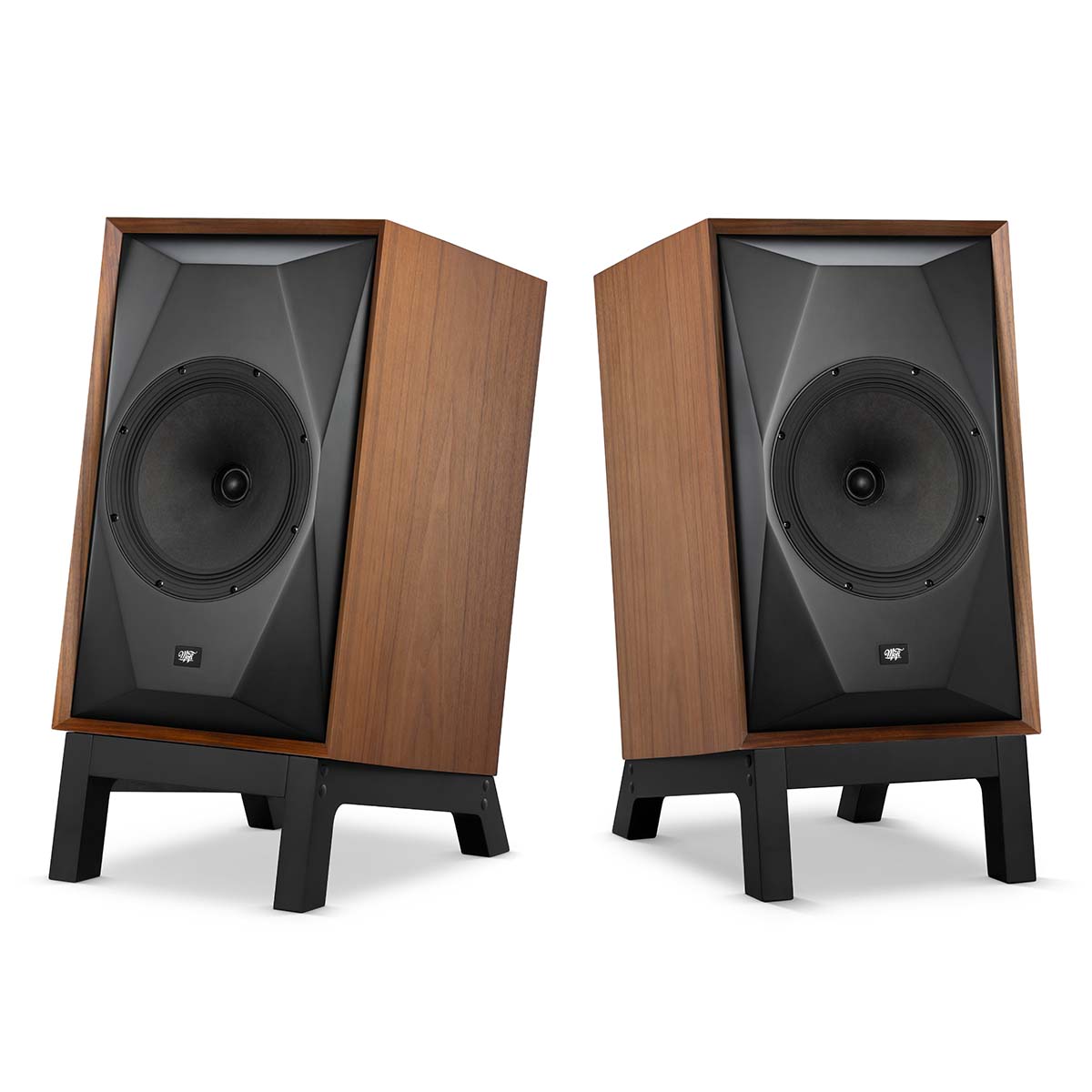 MoFi Electronics Low Slung Stands for SourcePoint 10 - pair - angled front views with SourcePoint 10 speakers in walnut (sold separately)
