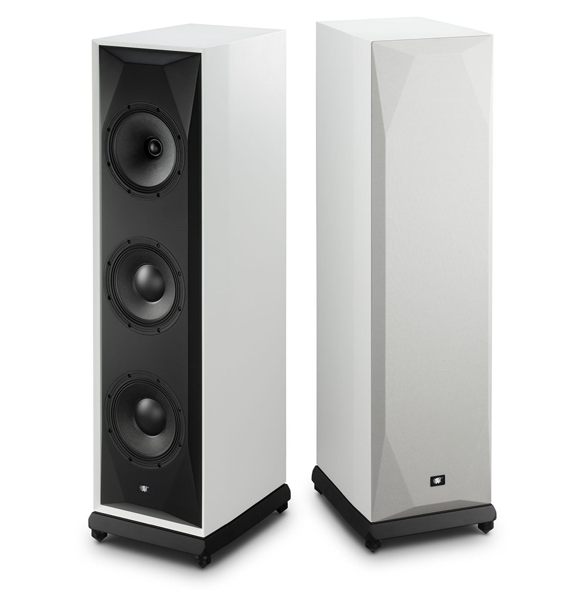 MoFi SourcePoint 888 Floorstanding Speakers - Pair of white speakers angled away from each other, left speaker without grille and right speaker with grille