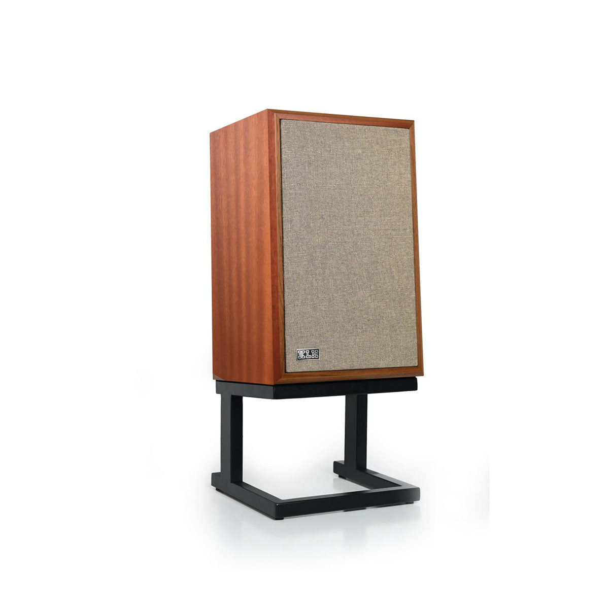 KLH Model Three Acoustic Suspension Loudspeakers - single walnut speaker angled right with grille