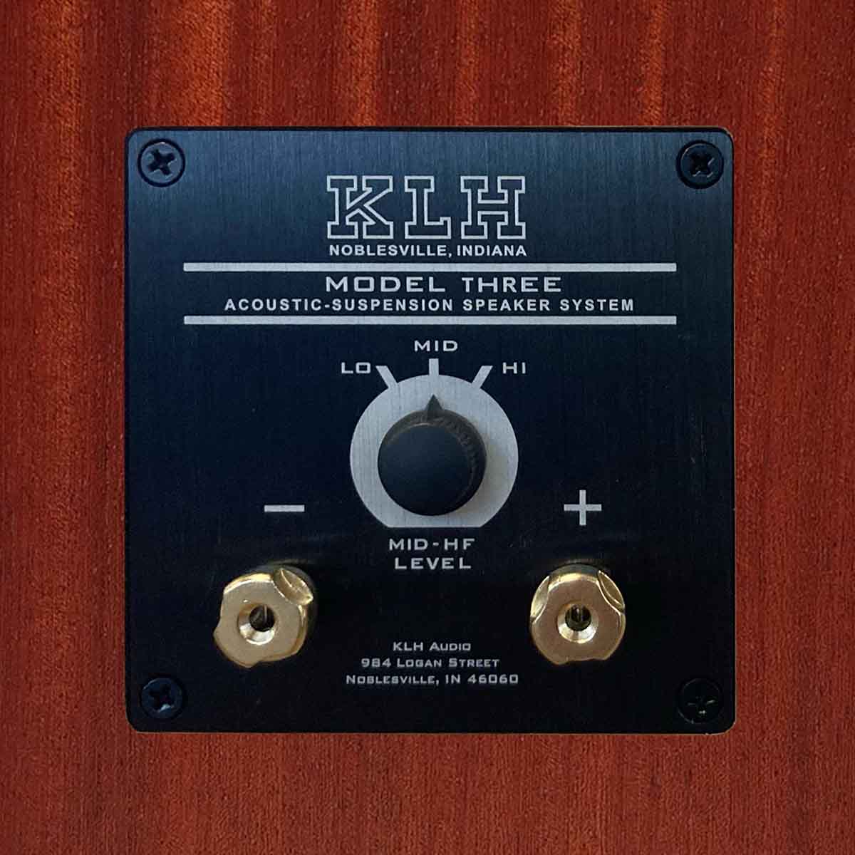 KLH Model Three Acoustic Suspension Loudspeakers - closeup of rear input panel on mahogany speaker
