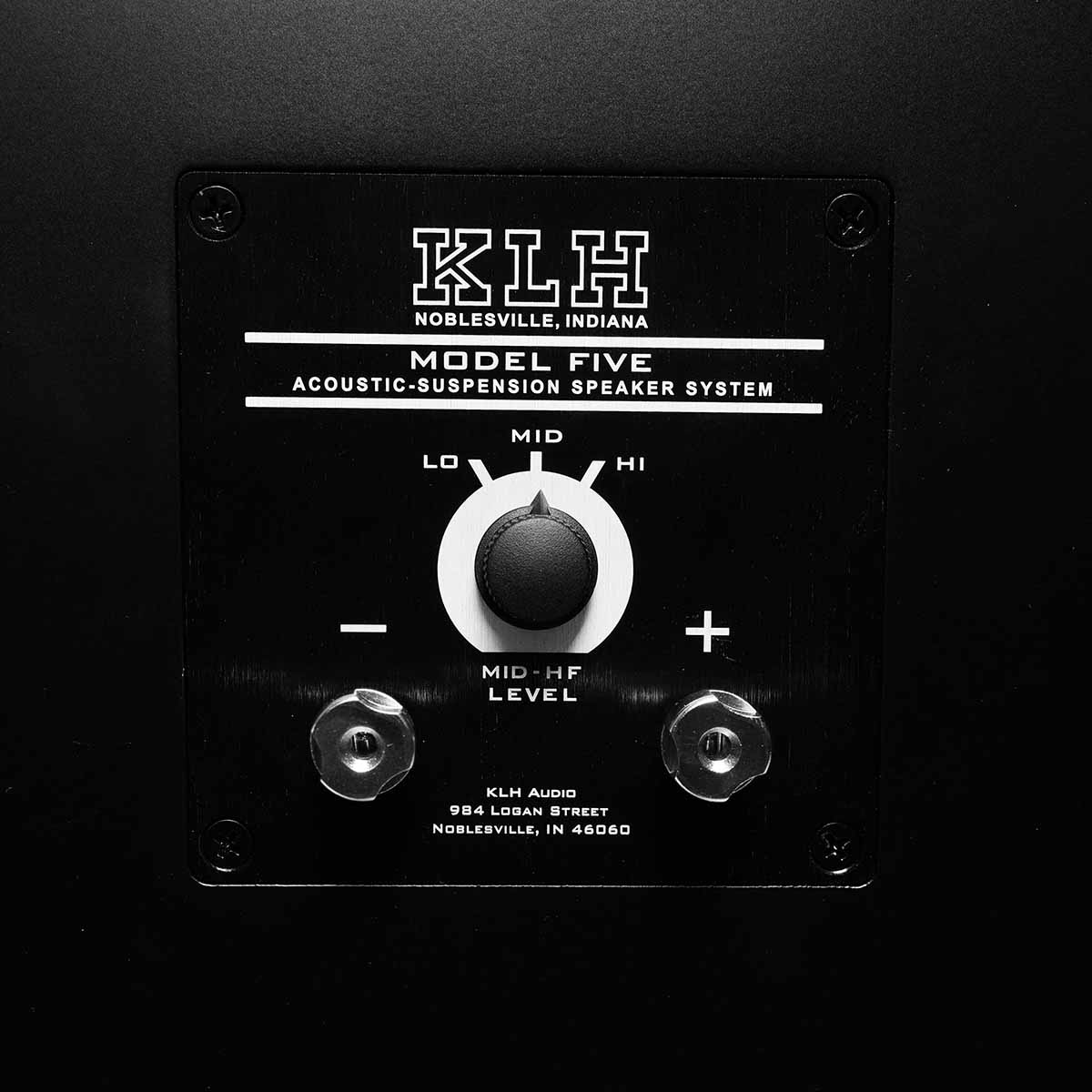 KLH Model Five Acoustic Suspension Loudspeakers - closeup of rear panel on black speaker