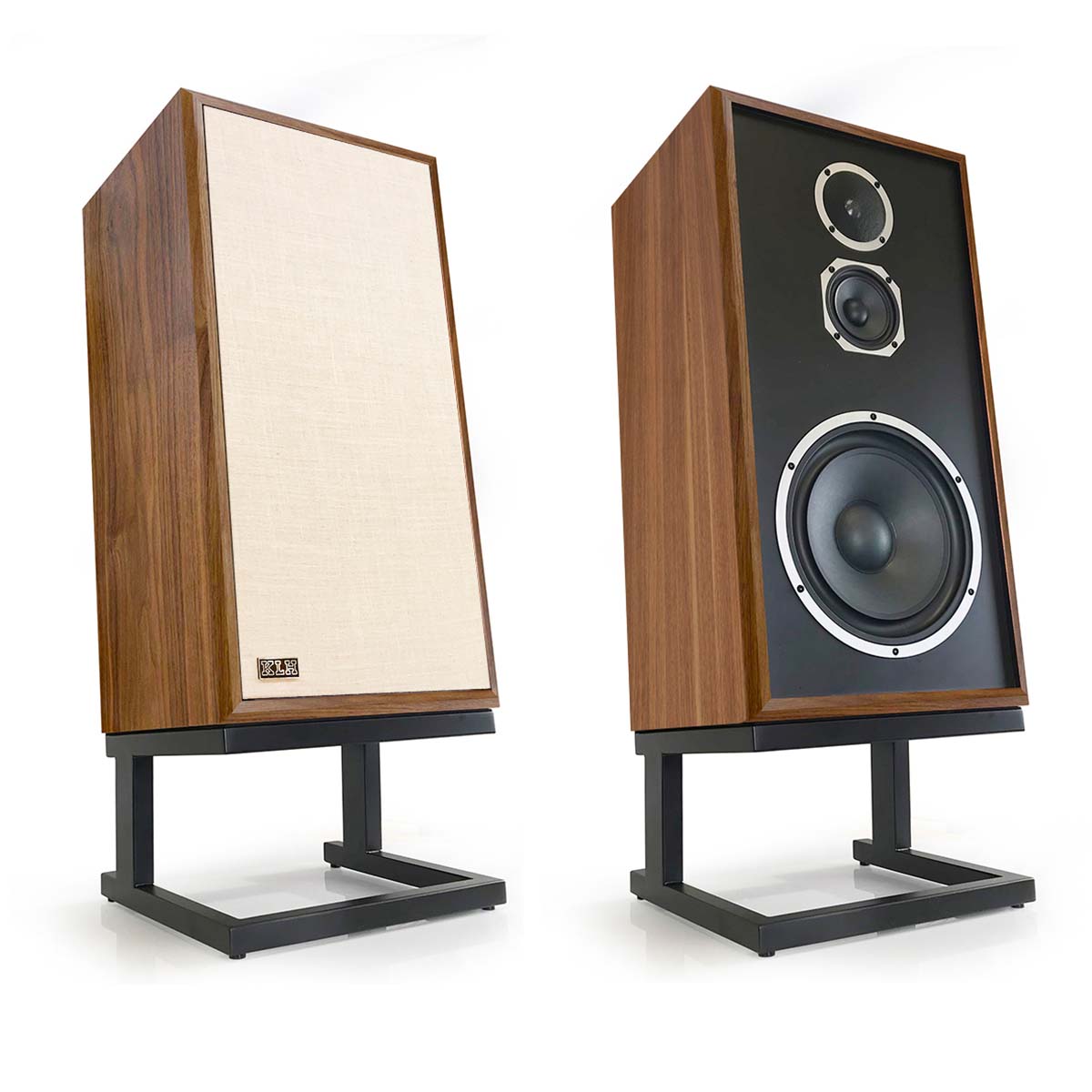 KLH Model Five Acoustic Suspension Loudspeakers - pair of walnut speakers angled right, left speaker with grille, right speaker without grille