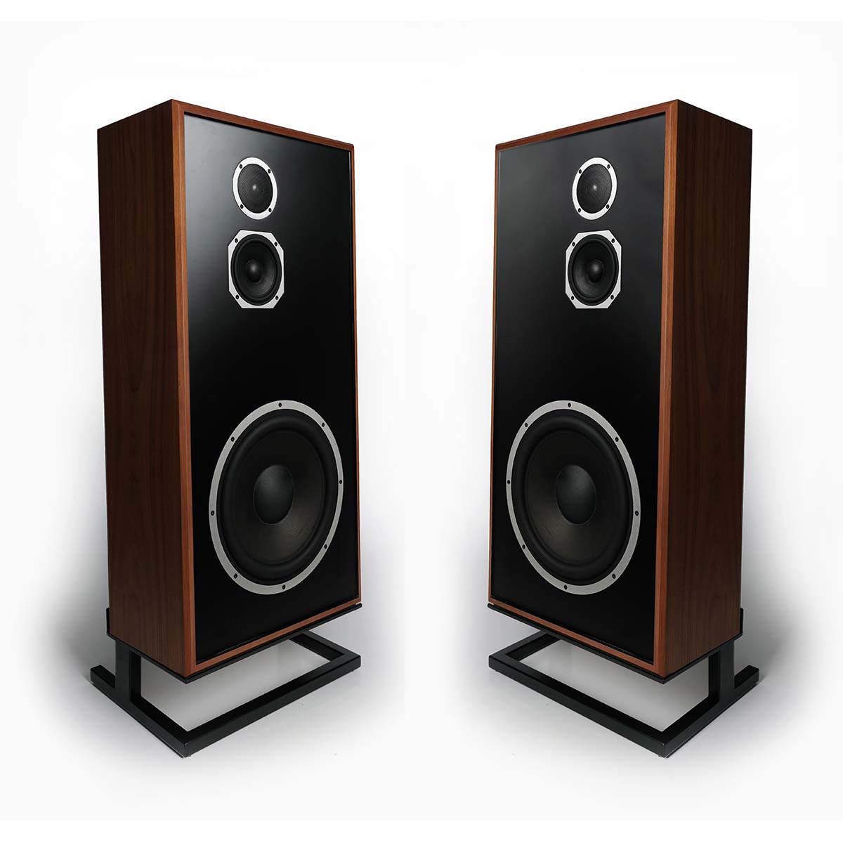 KLH Model Seven Acoustic Suspension Loudspeakers - pair of walnut speakers without grilles angled inward