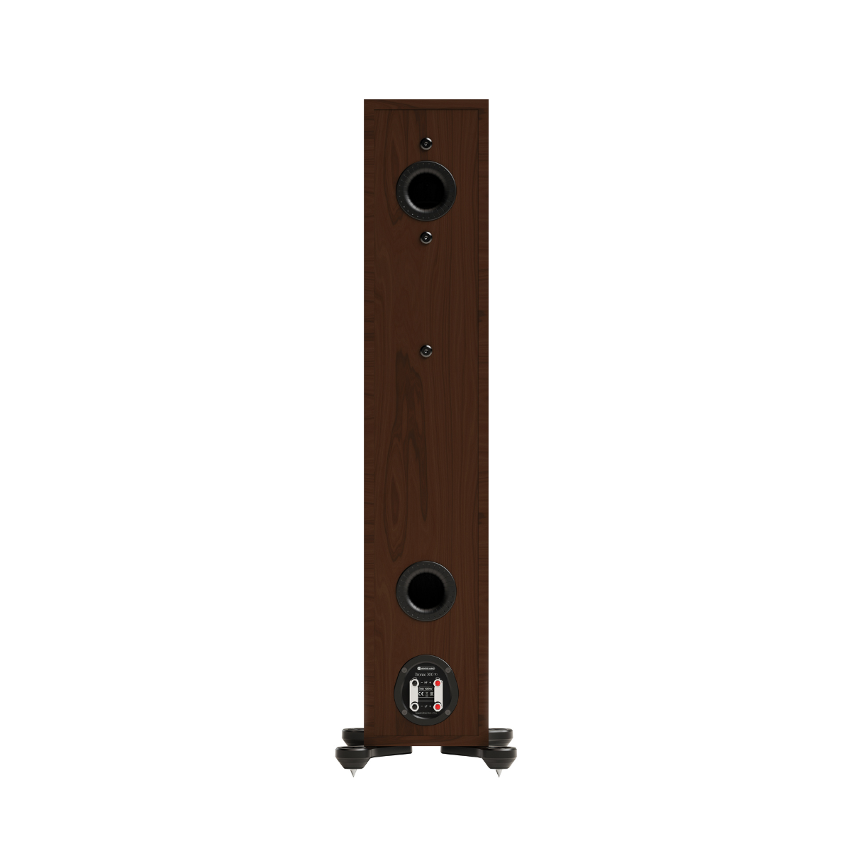 A single Monitor Audio Bronze 300 7G Flagship Two and a Half-way Floor Standing Speaker with a dark brown wood-grain finish, featuring dual circular driver openings and a small control panel at the base