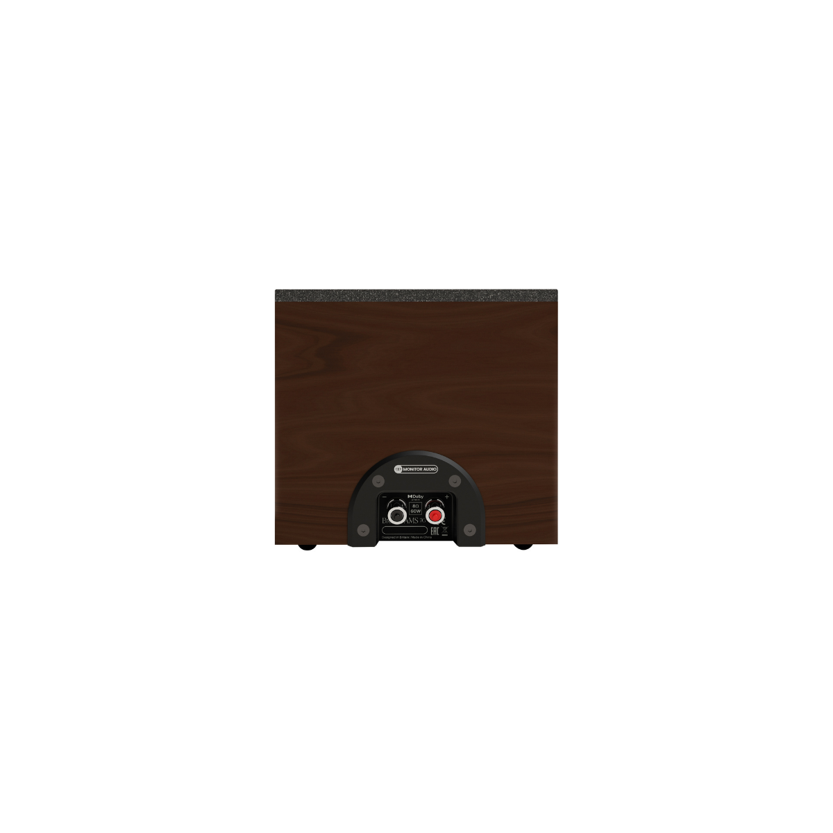 A single wood-finish Monitor Audio speaker shown from the rear against a solid white background, featuring a black control panel with red and white audio jacks.