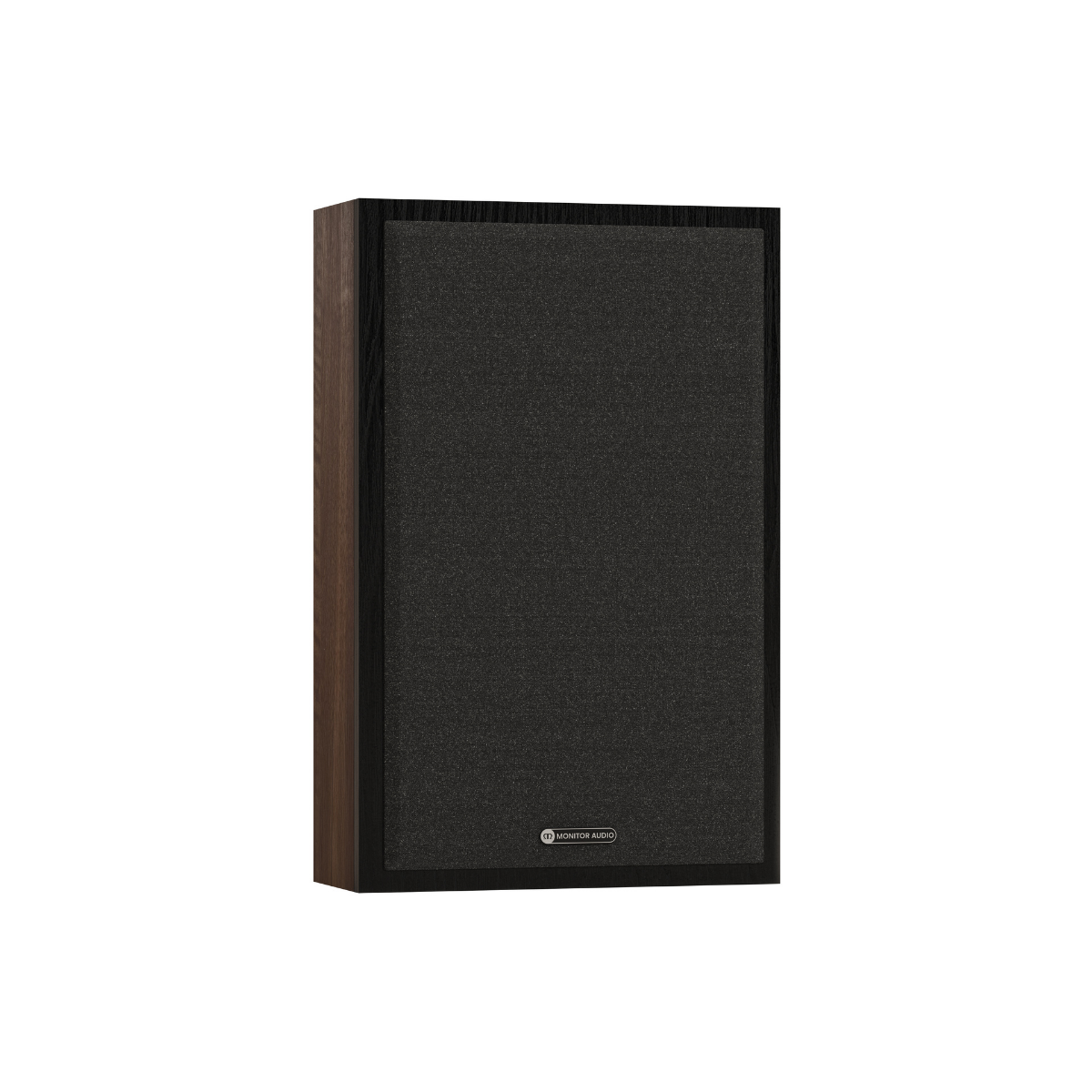 A single wall-mounting speaker with a dark charcoal fabric grille and a dark brown wood-look side panel, shown against a plain white background.