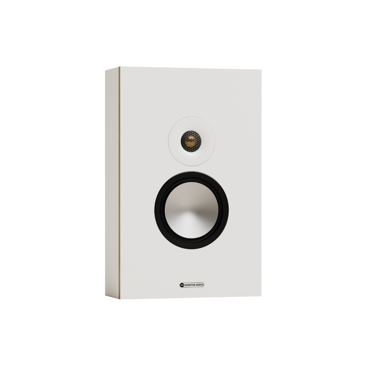 A white Monitor Audio Bronze On-Wall 7G Slim, Two-way On-Wall Speaker with a black circular woofer and a silver inner driver, shown against a plain white background.