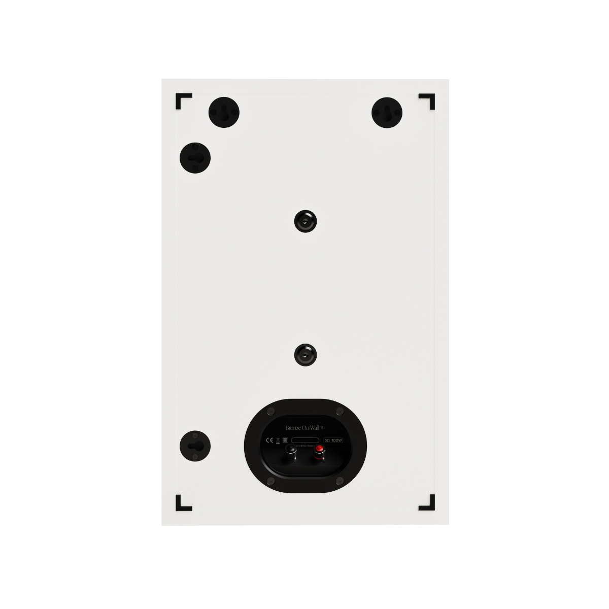 White rectangular mounting Monitor Audio Bronze On-Wall 7G Slim, Two-way On-Wall Speaker with pre-drilled screw holes, corner brackets, and a circular black electrical outlet cover at the bottom, shown on a plain white background.