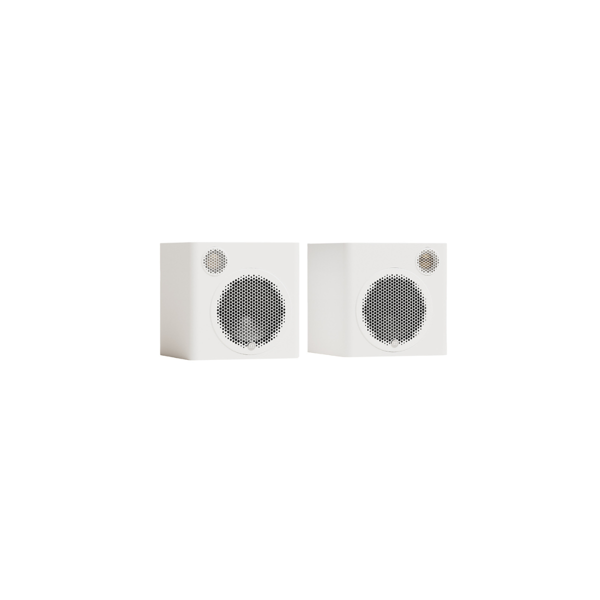 A pair of white square bookshelf speakers with circular front speaker grilles and small silver tweeters, shown against a solid white background.