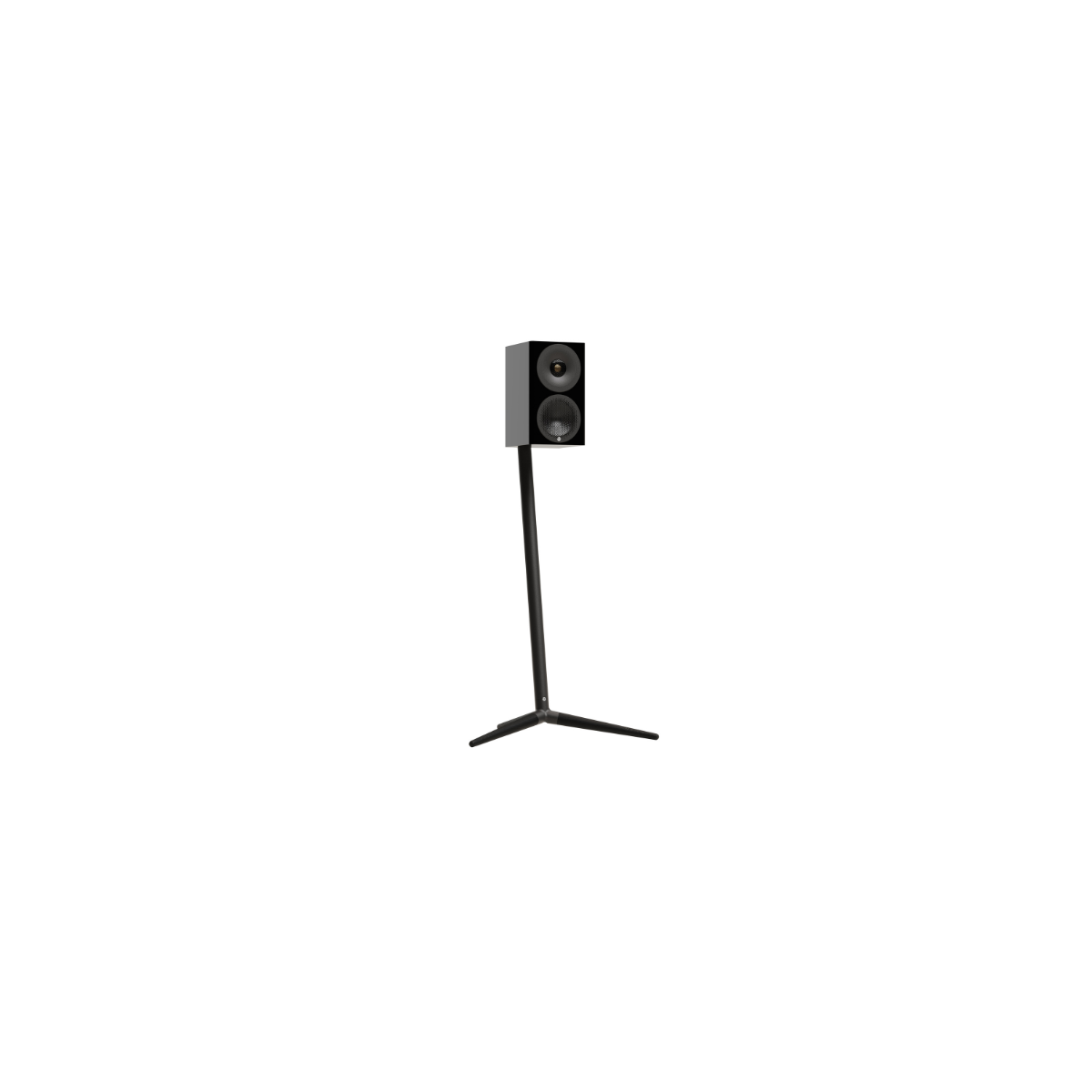 A black two-way floor-standing Monitor Audio Radius 3 4G 2-way Bookshelf Speakers on a slim black tripod stand, shown against a plain white background.