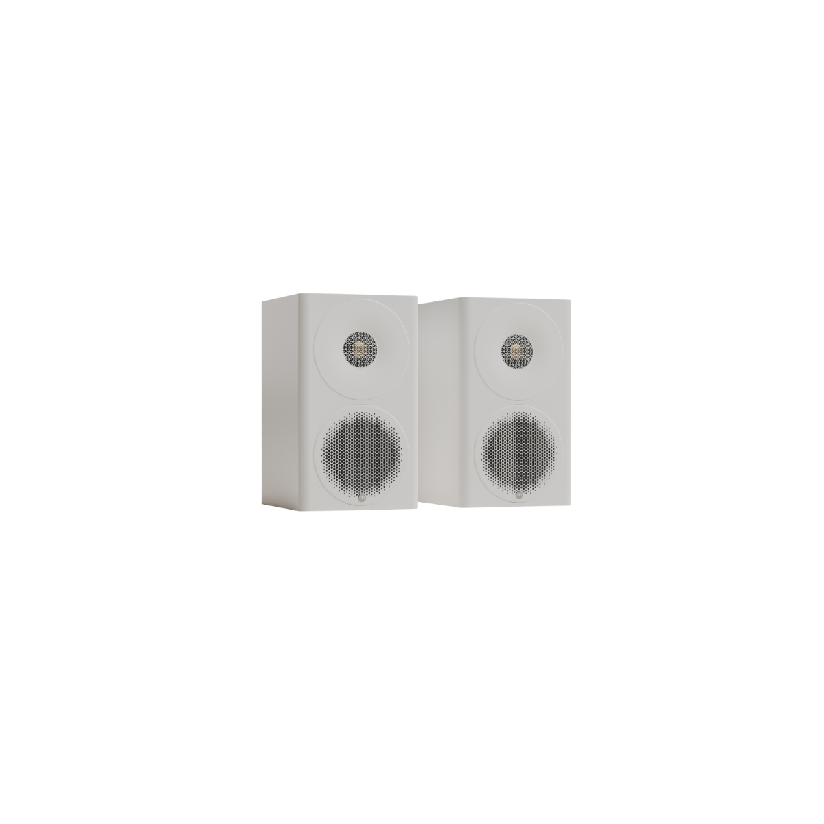 Two white Monitor Audio Radius 3 4G 2-way Bookshelf Speakers with circular gray front grilles and small gold-toned driver details, shown against a plain white background.