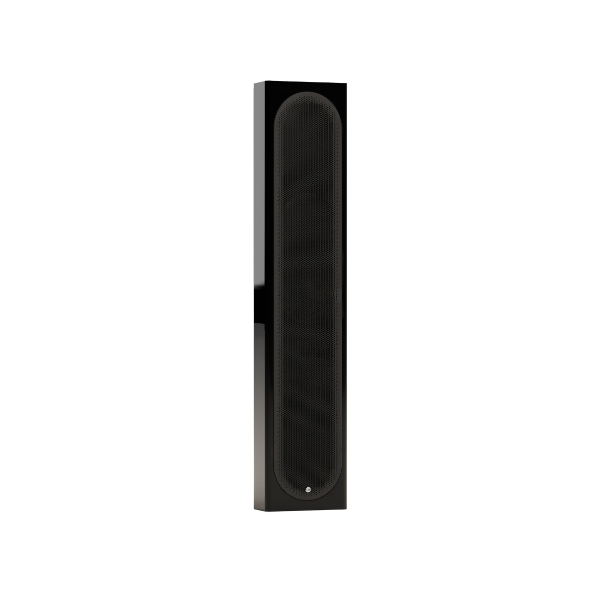 A sleek, modern black Monitor Audio Radius On Wall 4G 2-way LCR Speaker with a vertical oval grille and a small silver logo at the bottom, shown against a solid white background.