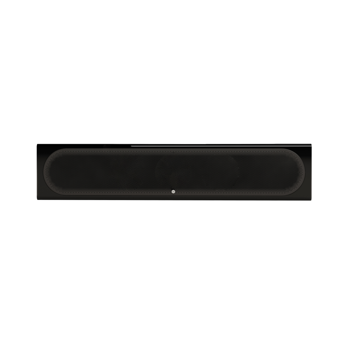 A sleek, minimalist black soundbar or home theater speaker bar with a textured front grille and a small central power button, shown against a solid white background.