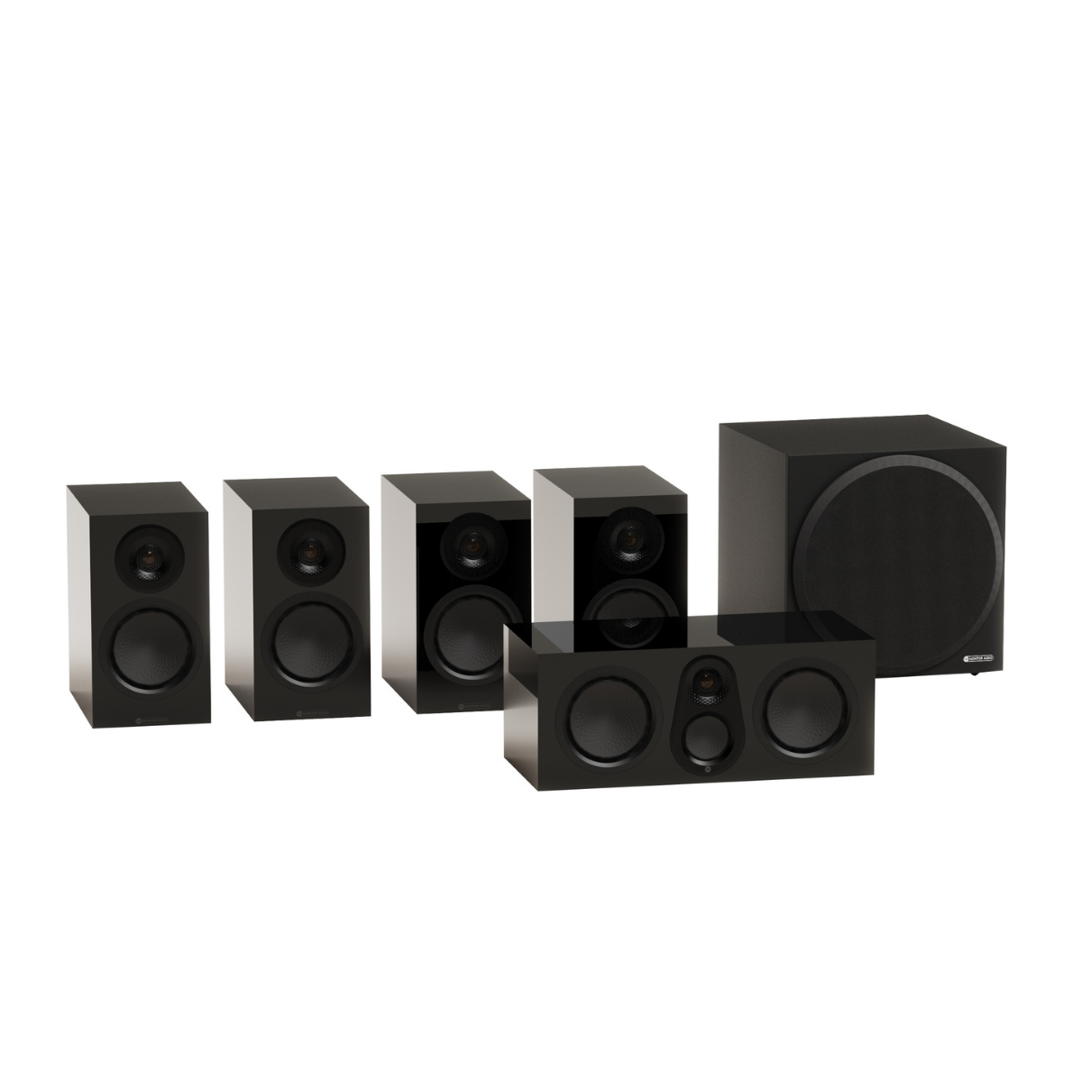 S Monitor Audio Silver 50 8G Compact home theater speaker system including four black bookshelf speakers, a black center channel speaker, and a black subwoofer, shown on a solid white background.